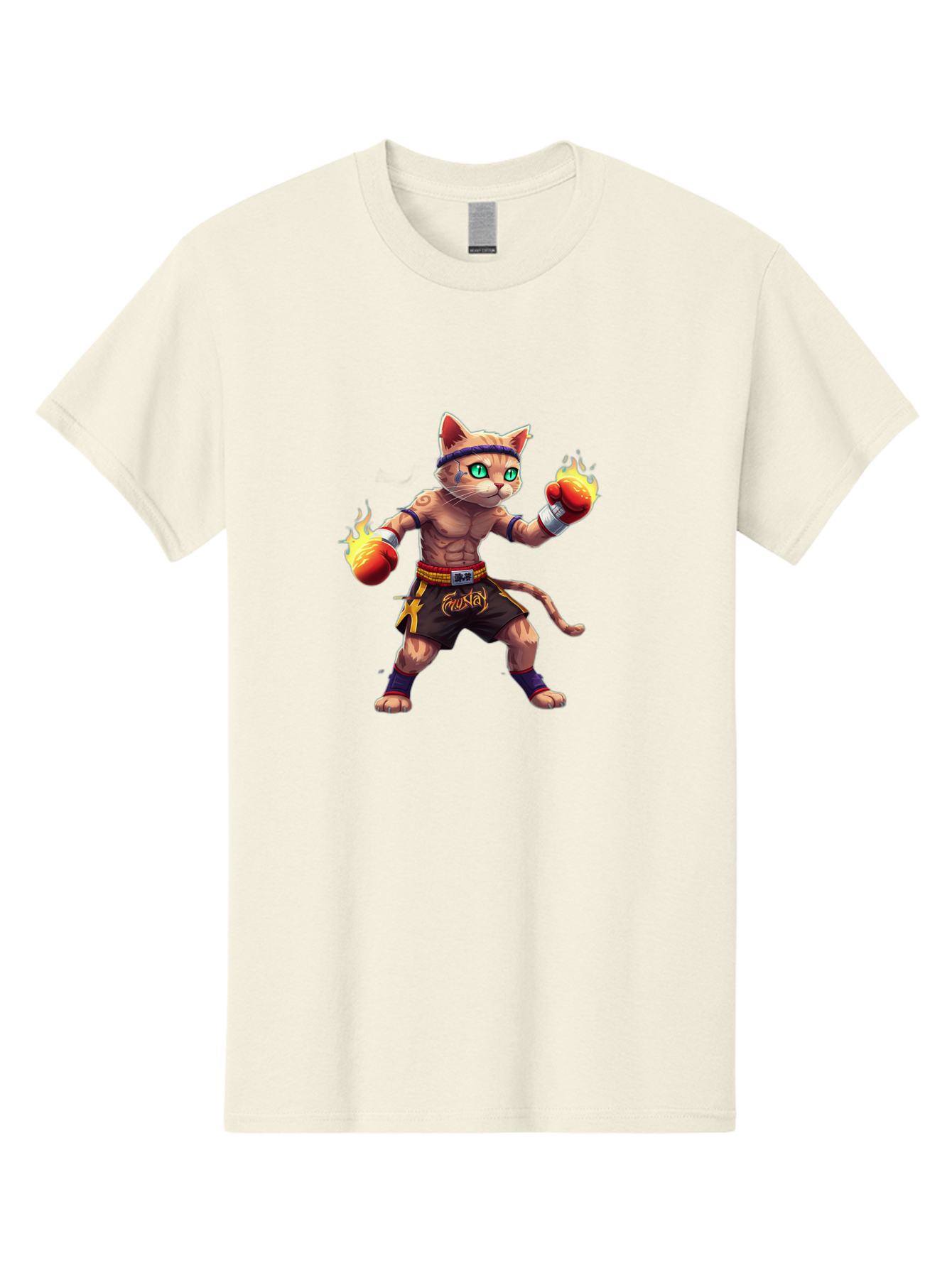 Muay-Cat-2 Men'S Graphic Tee, 100% Cotton, Comfortable Casual Summer Wear, Machine Washable, Boxing Cat, Martial Arts, Muay Thai, Fighting Cat, Cartoon Character, Muscular Cat, Green Eyes, Boxing Gloves With Flames, Sports Illustration, Bae545