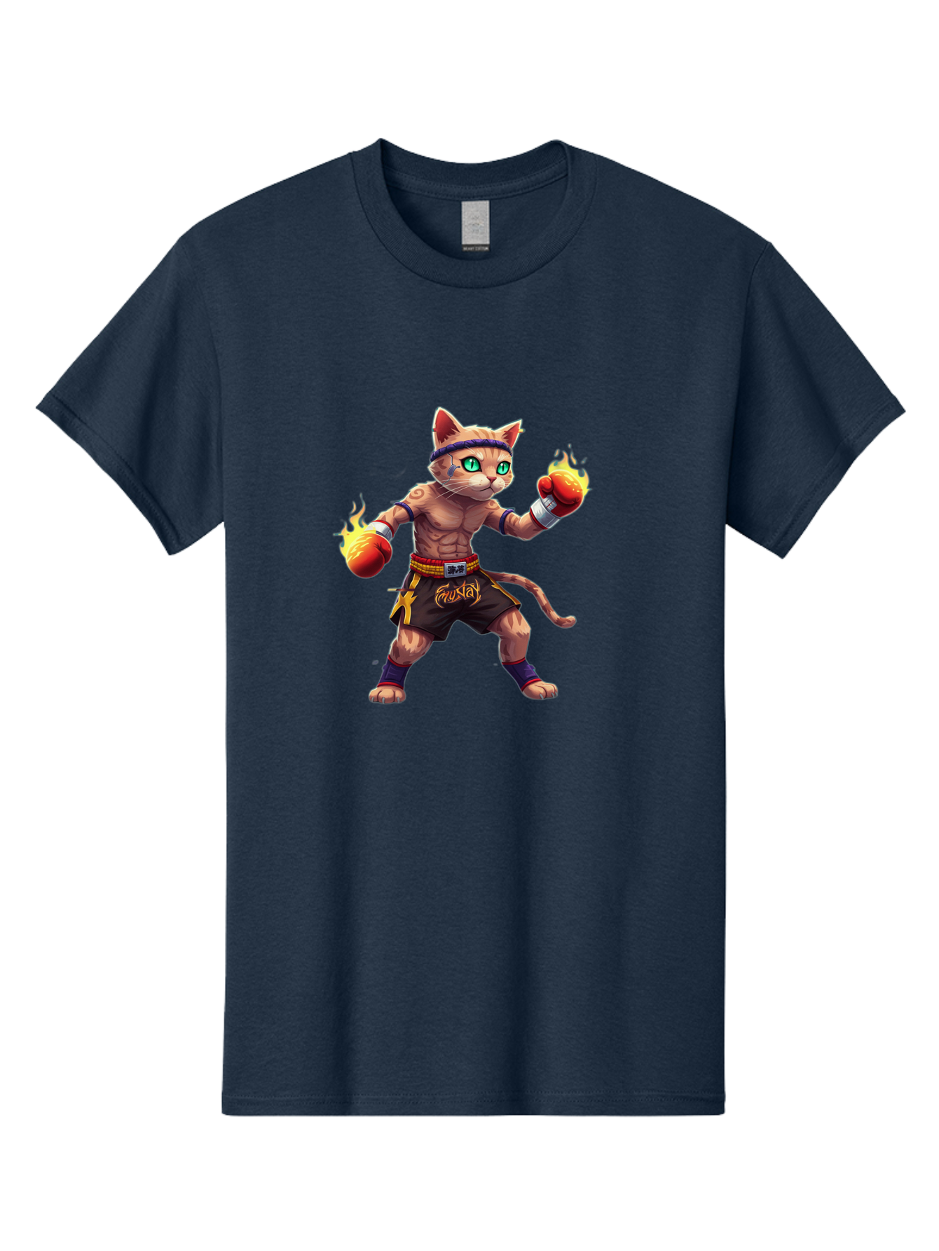 Muay-Cat-2 Men'S Graphic Tee, 100% Cotton, Comfortable Casual Summer Wear, Machine Washable, Boxing Cat, Martial Arts, Muay Thai, Fighting Cat, Cartoon Character, Muscular Cat, Green Eyes, Boxing Gloves With Flames, Sports Illustration, Bae545