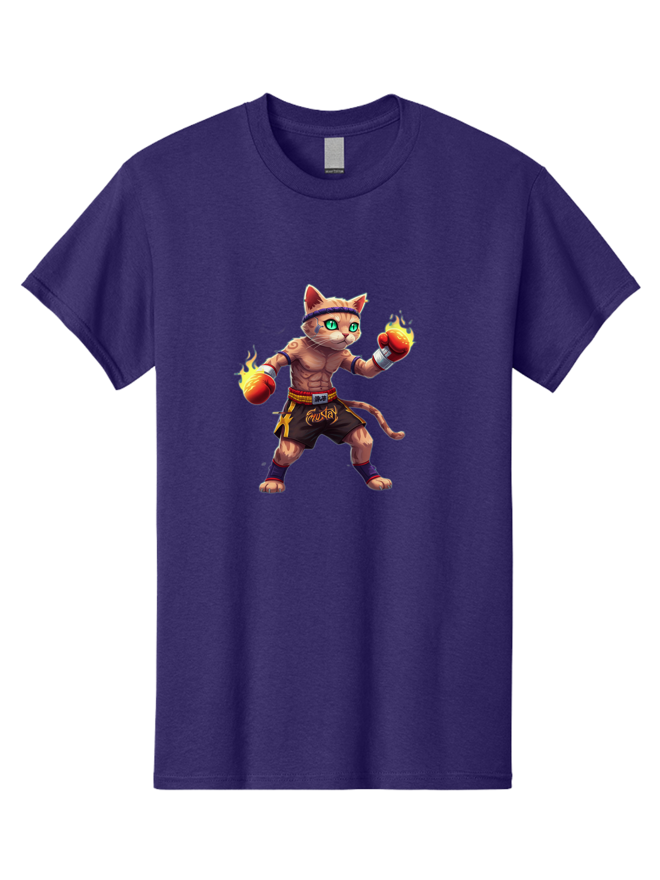 Muay-Cat-2 Men'S Graphic Tee, 100% Cotton, Comfortable Casual Summer Wear, Machine Washable, Boxing Cat, Martial Arts, Muay Thai, Fighting Cat, Cartoon Character, Muscular Cat, Green Eyes, Boxing Gloves With Flames, Sports Illustration, Bae545