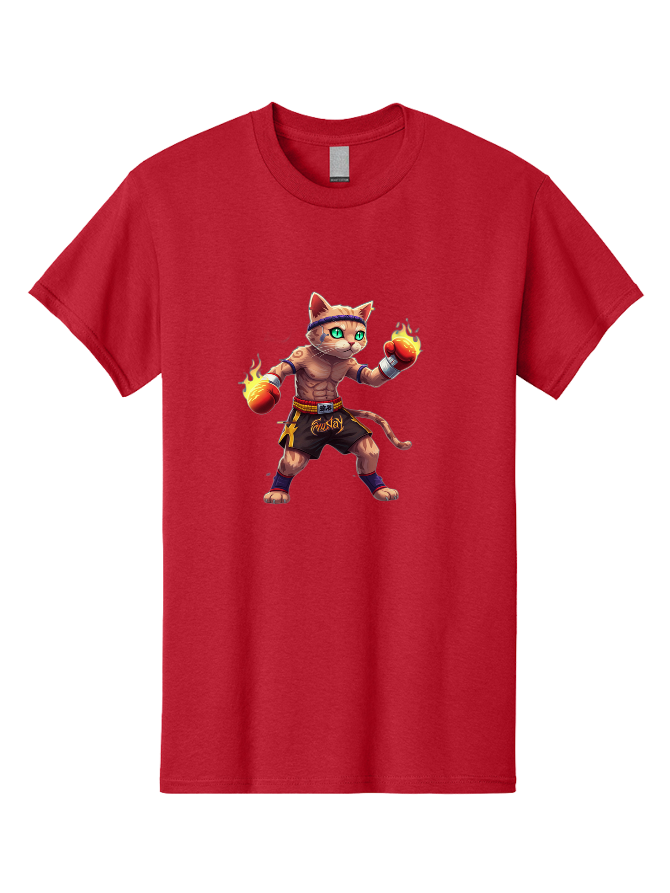 Muay-Cat-2 Men'S Graphic Tee, 100% Cotton, Comfortable Casual Summer Wear, Machine Washable, Boxing Cat, Martial Arts, Muay Thai, Fighting Cat, Cartoon Character, Muscular Cat, Green Eyes, Boxing Gloves With Flames, Sports Illustration, Bae545