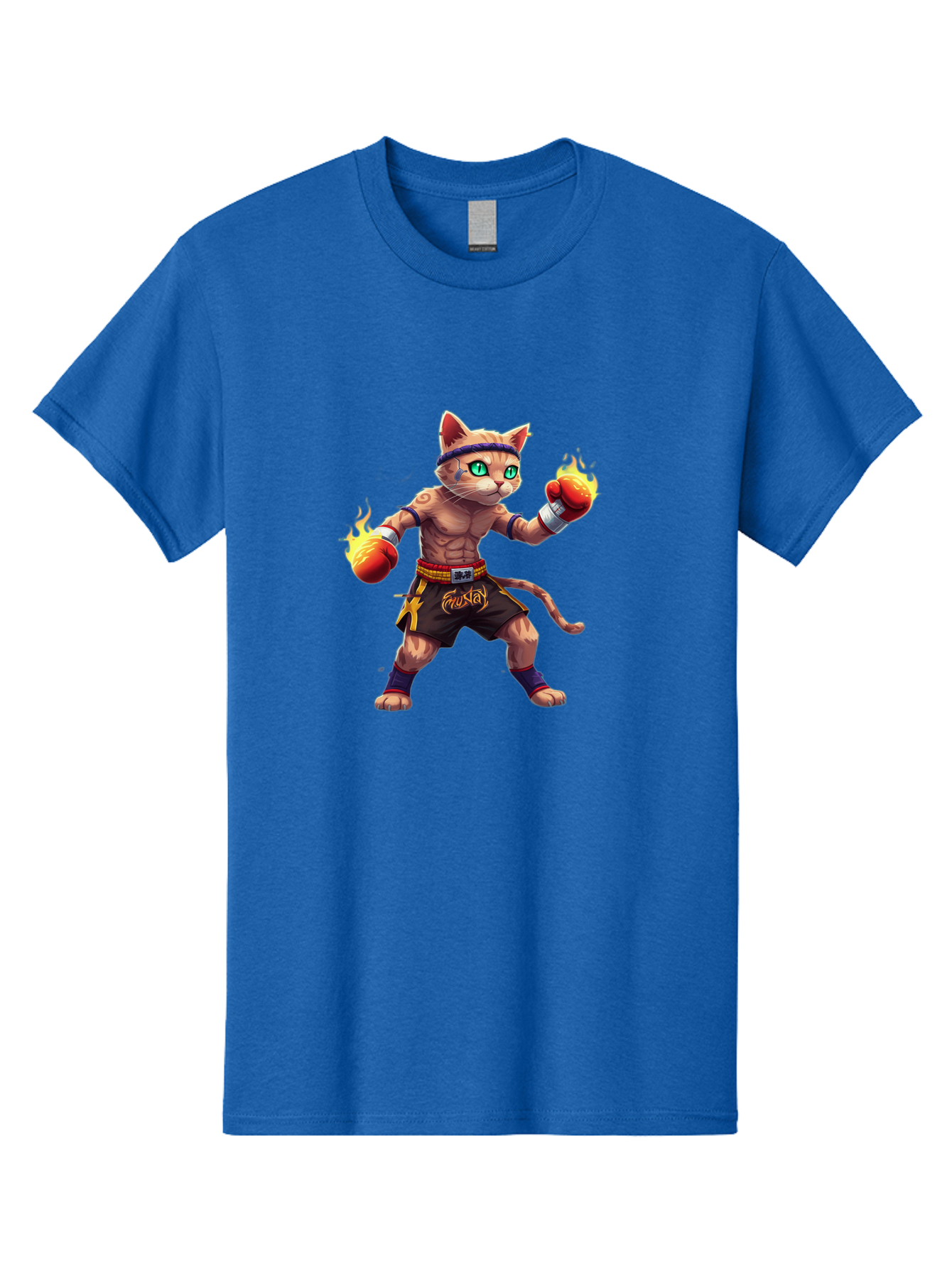 Muay-Cat-2 Men'S Graphic Tee, 100% Cotton, Comfortable Casual Summer Wear, Machine Washable, Boxing Cat, Martial Arts, Muay Thai, Fighting Cat, Cartoon Character, Muscular Cat, Green Eyes, Boxing Gloves With Flames, Sports Illustration, Bae545