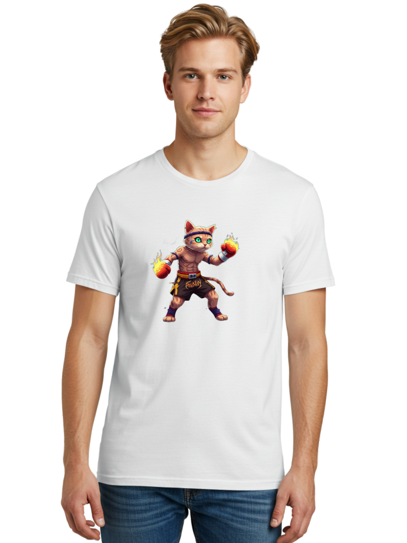 Muay-Cat-2 Men'S Graphic Tee, 100% Cotton, Comfortable Casual Summer Wear, Machine Washable, Boxing Cat, Martial Arts, Muay Thai, Fighting Cat, Cartoon Character, Muscular Cat, Green Eyes, Boxing Gloves With Flames, Sports Illustration, Bae545