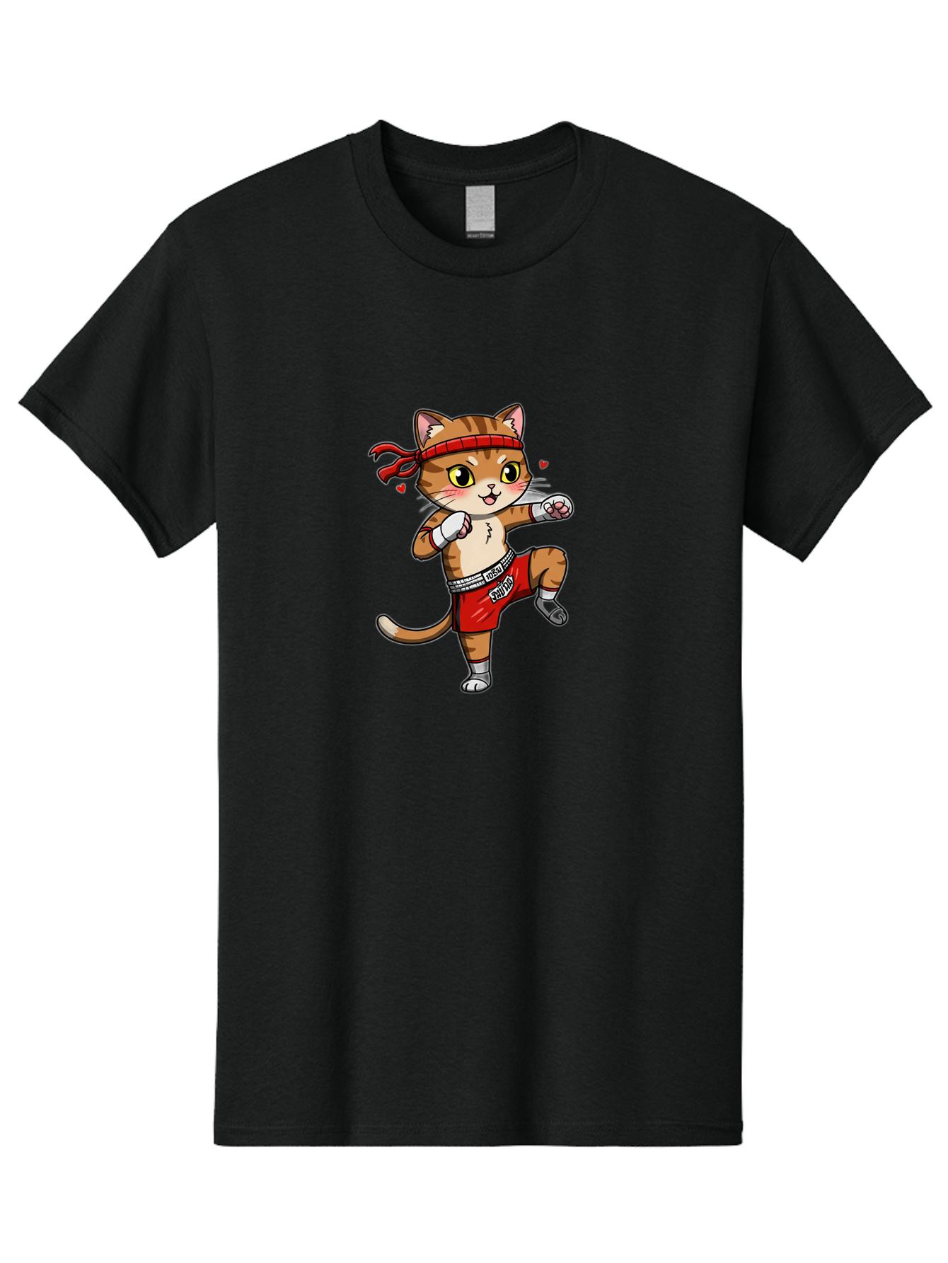 Muay-Cat Men'S Graphic Tee, 100% Cotton, Comfortable Casual Summer Wear, Machine Washable, Cartoon Cat, Muay Thai Fighter, Milo Branding, Red Shorts, White Gloves, Martial Arts, Fighting Stance, Cute Expression, Heart Eyes, Fitness, Strength Bae546