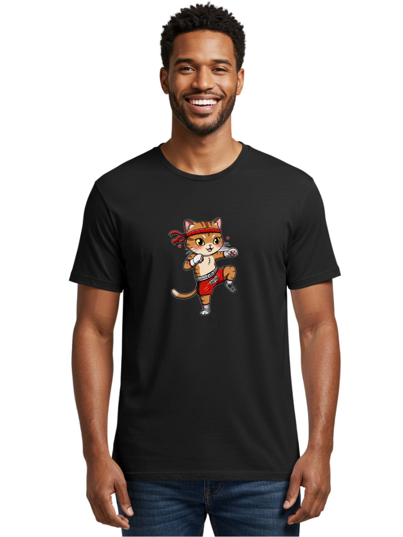 Muay-Cat Men'S Graphic Tee, 100% Cotton, Comfortable Casual Summer Wear, Machine Washable, Cartoon Cat, Muay Thai Fighter, Milo Branding, Red Shorts, White Gloves, Martial Arts, Fighting Stance, Cute Expression, Heart Eyes, Fitness, Strength Bae546