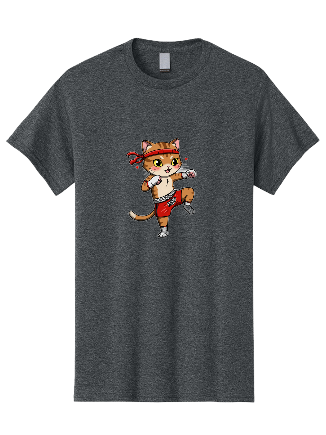 Muay-Cat Men'S Graphic Tee, 100% Cotton, Comfortable Casual Summer Wear, Machine Washable, Cartoon Cat, Muay Thai Fighter, Milo Branding, Red Shorts, White Gloves, Martial Arts, Fighting Stance, Cute Expression, Heart Eyes, Fitness, Strength Bae546