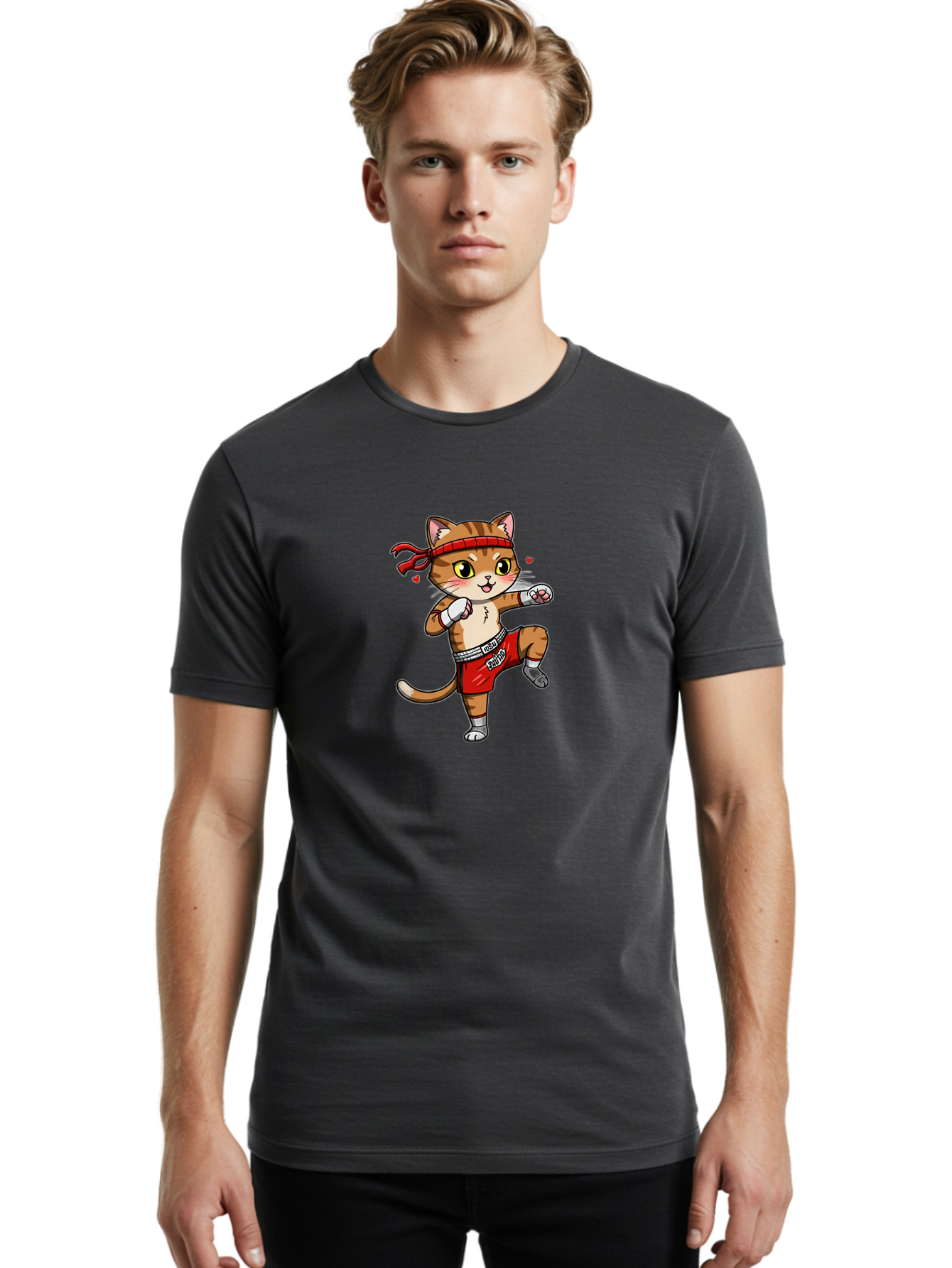 Muay-Cat Men'S Graphic Tee, 100% Cotton, Comfortable Casual Summer Wear, Machine Washable, Cartoon Cat, Muay Thai Fighter, Milo Branding, Red Shorts, White Gloves, Martial Arts, Fighting Stance, Cute Expression, Heart Eyes, Fitness, Strength Bae546