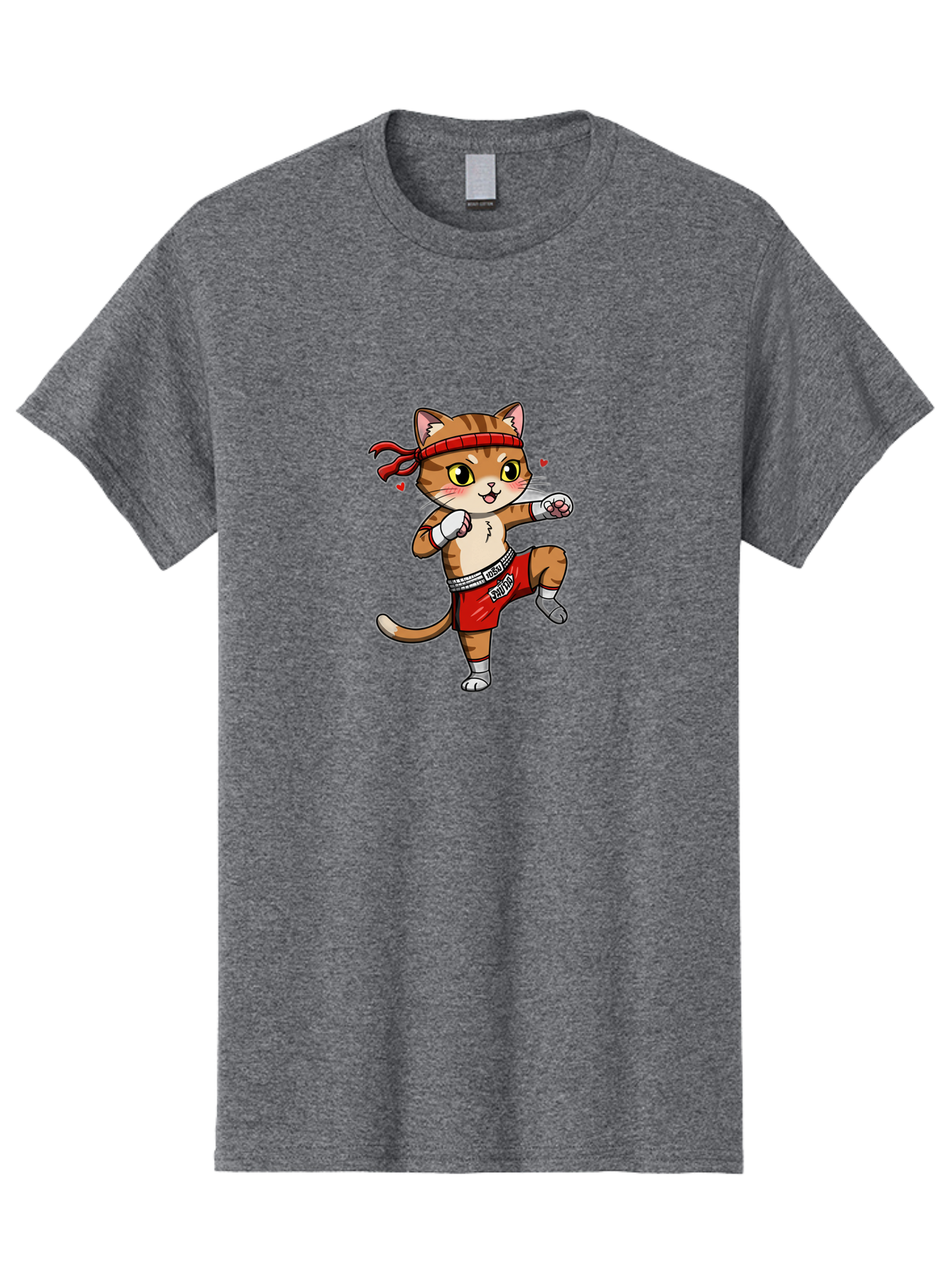 Muay-Cat Men'S Graphic Tee, 100% Cotton, Comfortable Casual Summer Wear, Machine Washable, Cartoon Cat, Muay Thai Fighter, Milo Branding, Red Shorts, White Gloves, Martial Arts, Fighting Stance, Cute Expression, Heart Eyes, Fitness, Strength Bae546