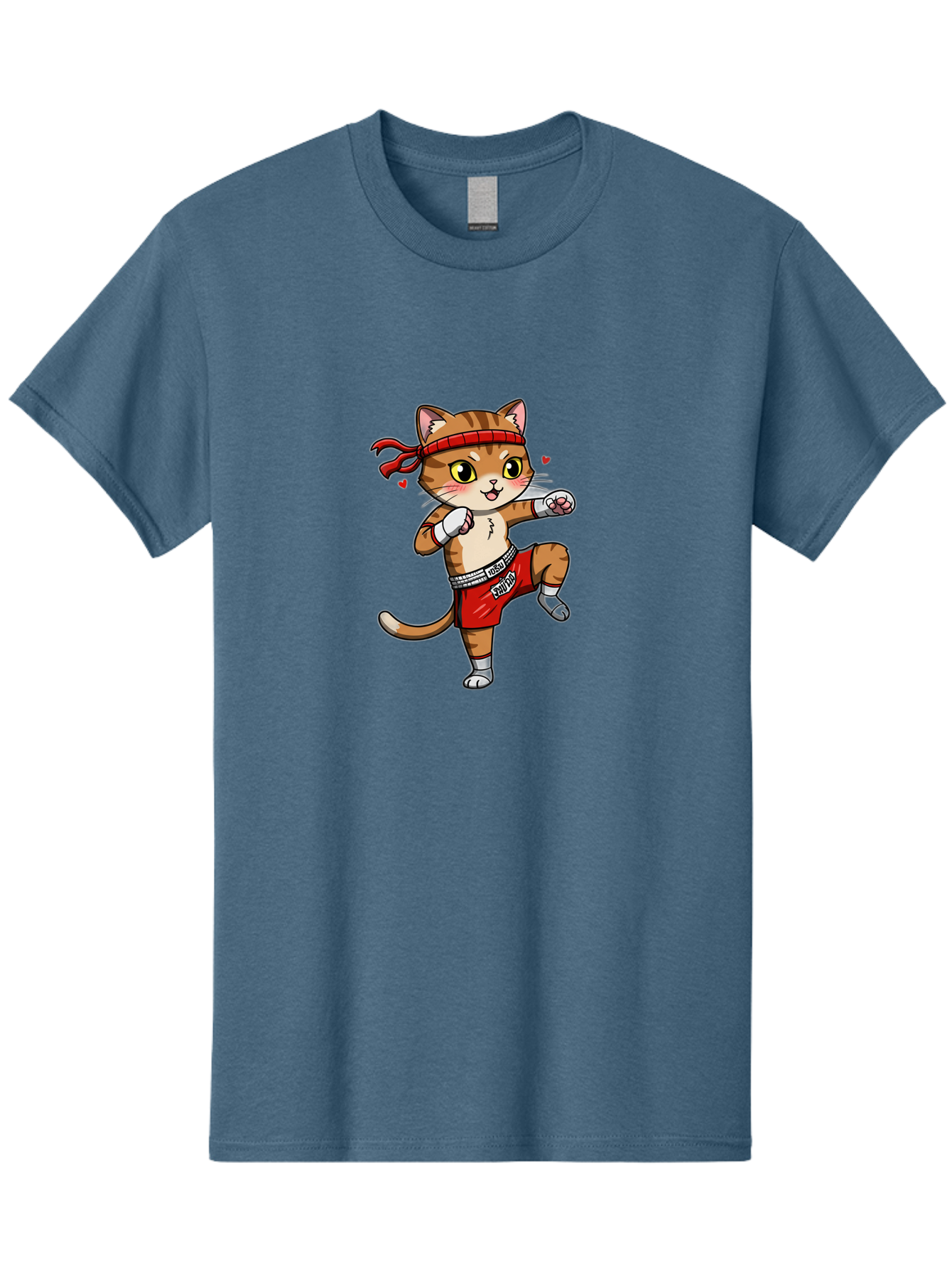 Muay-Cat Men'S Graphic Tee, 100% Cotton, Comfortable Casual Summer Wear, Machine Washable, Cartoon Cat, Muay Thai Fighter, Milo Branding, Red Shorts, White Gloves, Martial Arts, Fighting Stance, Cute Expression, Heart Eyes, Fitness, Strength Bae546