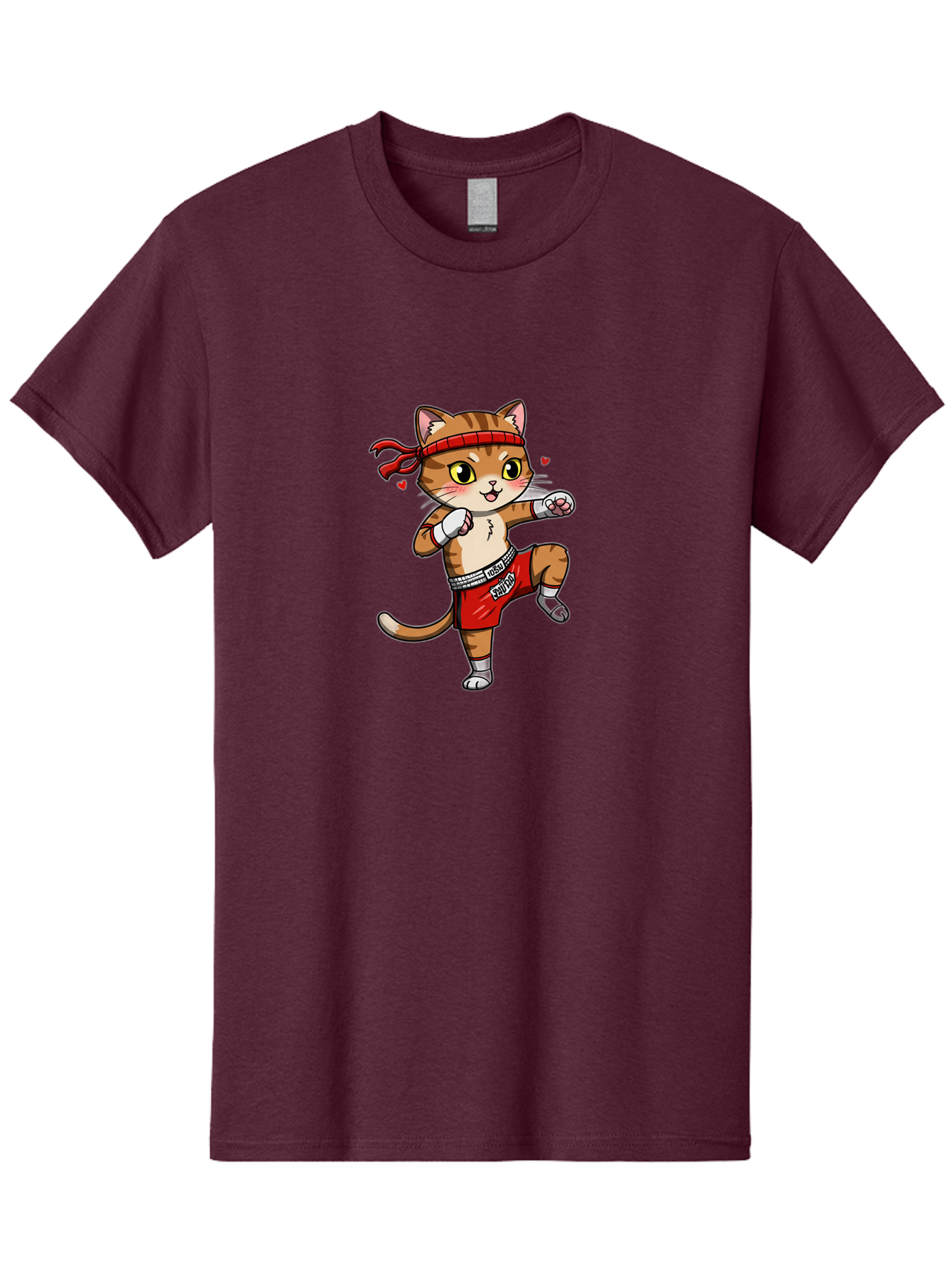 Muay-Cat Men'S Graphic Tee, 100% Cotton, Comfortable Casual Summer Wear, Machine Washable, Cartoon Cat, Muay Thai Fighter, Milo Branding, Red Shorts, White Gloves, Martial Arts, Fighting Stance, Cute Expression, Heart Eyes, Fitness, Strength Bae546