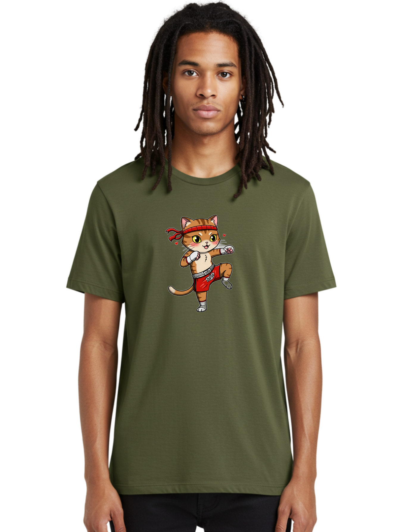 Muay-Cat Men'S Graphic Tee, 100% Cotton, Comfortable Casual Summer Wear, Machine Washable, Cartoon Cat, Muay Thai Fighter, Milo Branding, Red Shorts, White Gloves, Martial Arts, Fighting Stance, Cute Expression, Heart Eyes, Fitness, Strength Bae546