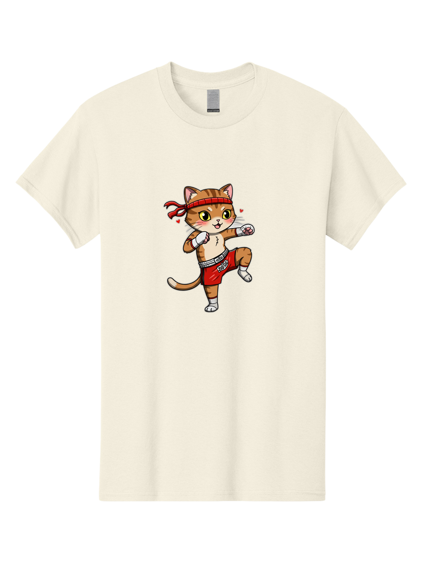 Muay-Cat Men'S Graphic Tee, 100% Cotton, Comfortable Casual Summer Wear, Machine Washable, Cartoon Cat, Muay Thai Fighter, Milo Branding, Red Shorts, White Gloves, Martial Arts, Fighting Stance, Cute Expression, Heart Eyes, Fitness, Strength Bae546