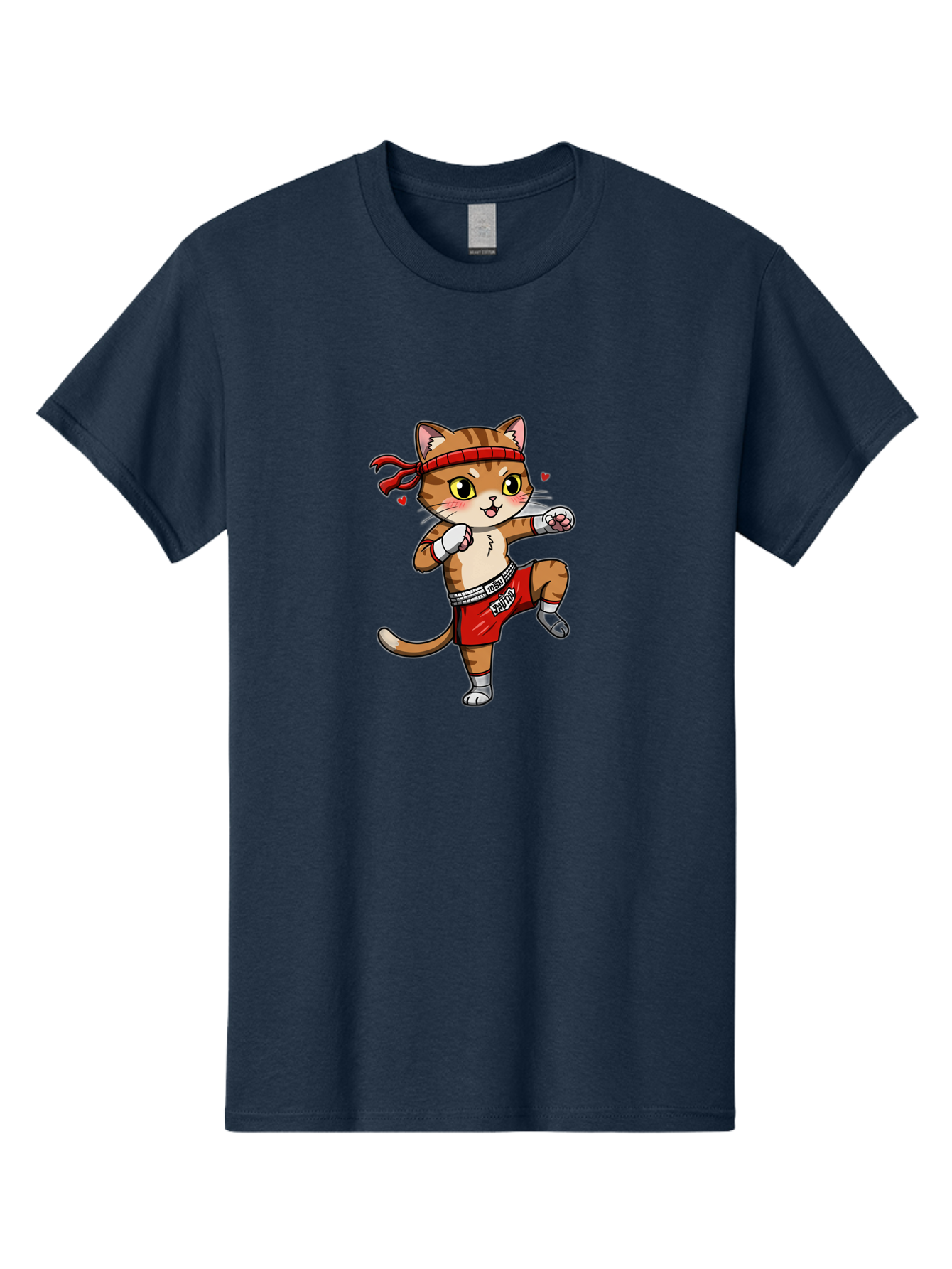 Muay-Cat Men'S Graphic Tee, 100% Cotton, Comfortable Casual Summer Wear, Machine Washable, Cartoon Cat, Muay Thai Fighter, Milo Branding, Red Shorts, White Gloves, Martial Arts, Fighting Stance, Cute Expression, Heart Eyes, Fitness, Strength Bae546