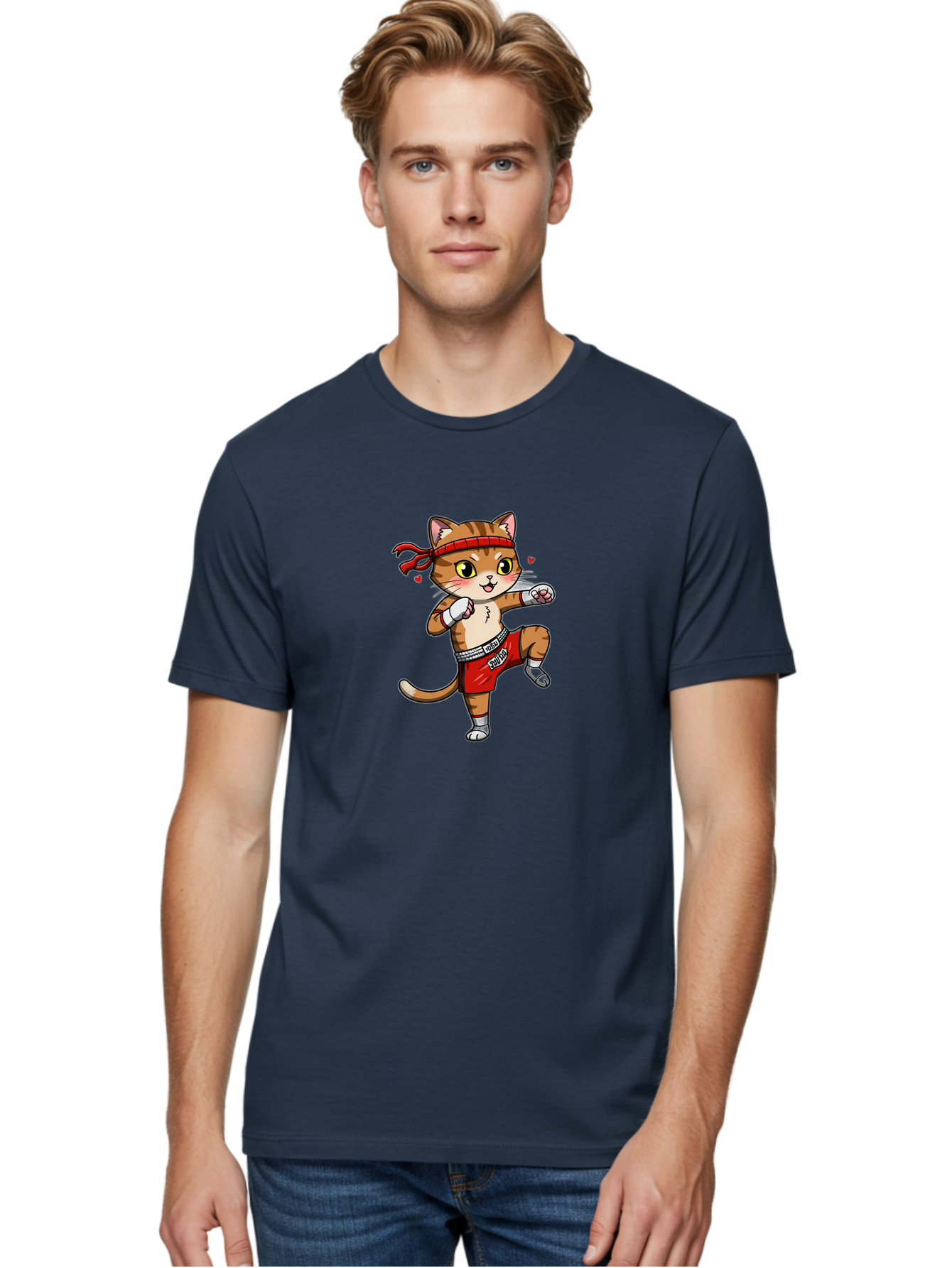 Muay-Cat Men'S Graphic Tee, 100% Cotton, Comfortable Casual Summer Wear, Machine Washable, Cartoon Cat, Muay Thai Fighter, Milo Branding, Red Shorts, White Gloves, Martial Arts, Fighting Stance, Cute Expression, Heart Eyes, Fitness, Strength Bae546
