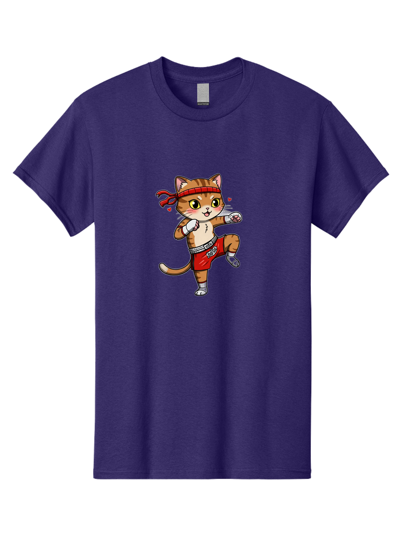 Muay-Cat Men'S Graphic Tee, 100% Cotton, Comfortable Casual Summer Wear, Machine Washable, Cartoon Cat, Muay Thai Fighter, Milo Branding, Red Shorts, White Gloves, Martial Arts, Fighting Stance, Cute Expression, Heart Eyes, Fitness, Strength Bae546