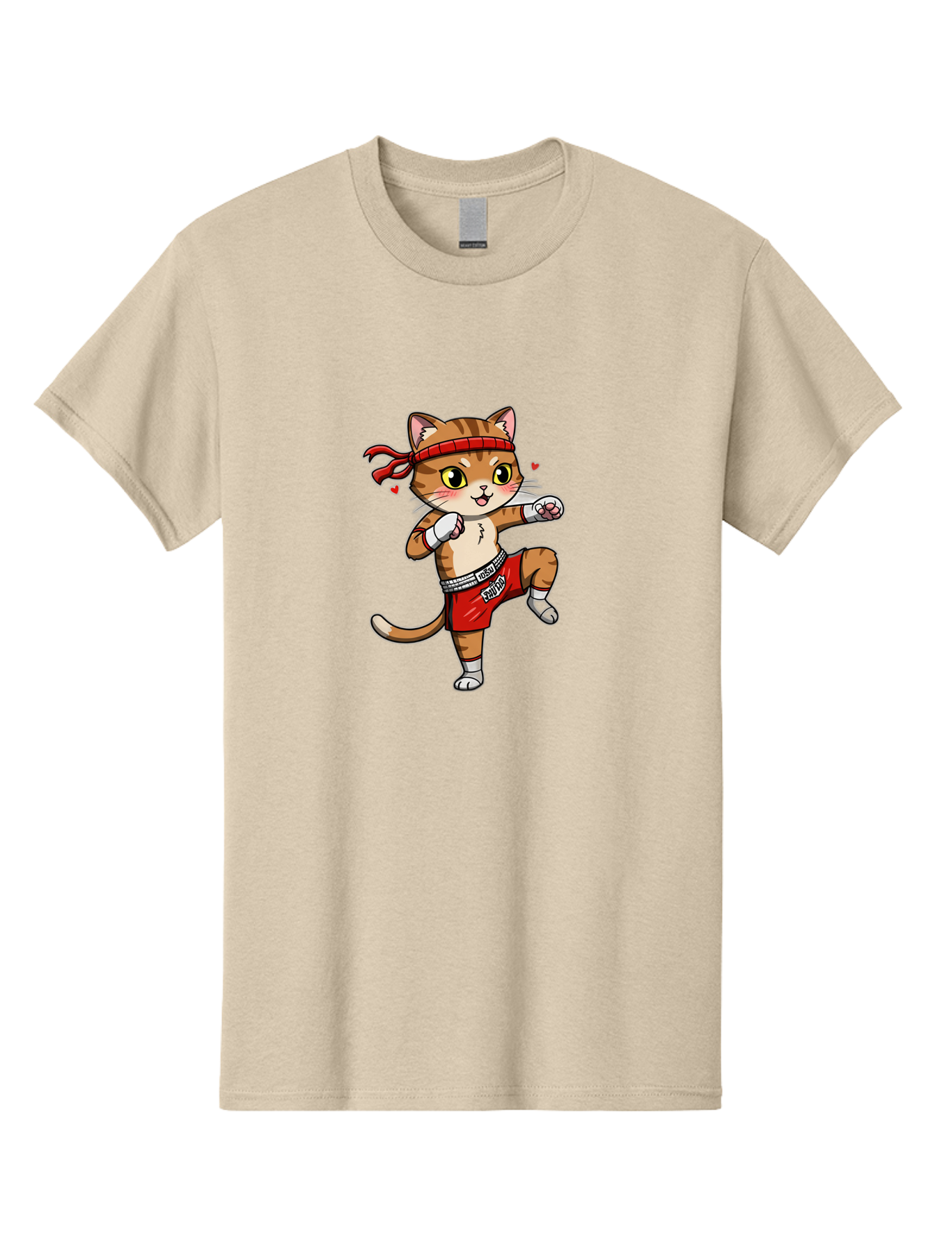 Muay-Cat Men'S Graphic Tee, 100% Cotton, Comfortable Casual Summer Wear, Machine Washable, Cartoon Cat, Muay Thai Fighter, Milo Branding, Red Shorts, White Gloves, Martial Arts, Fighting Stance, Cute Expression, Heart Eyes, Fitness, Strength Bae546
