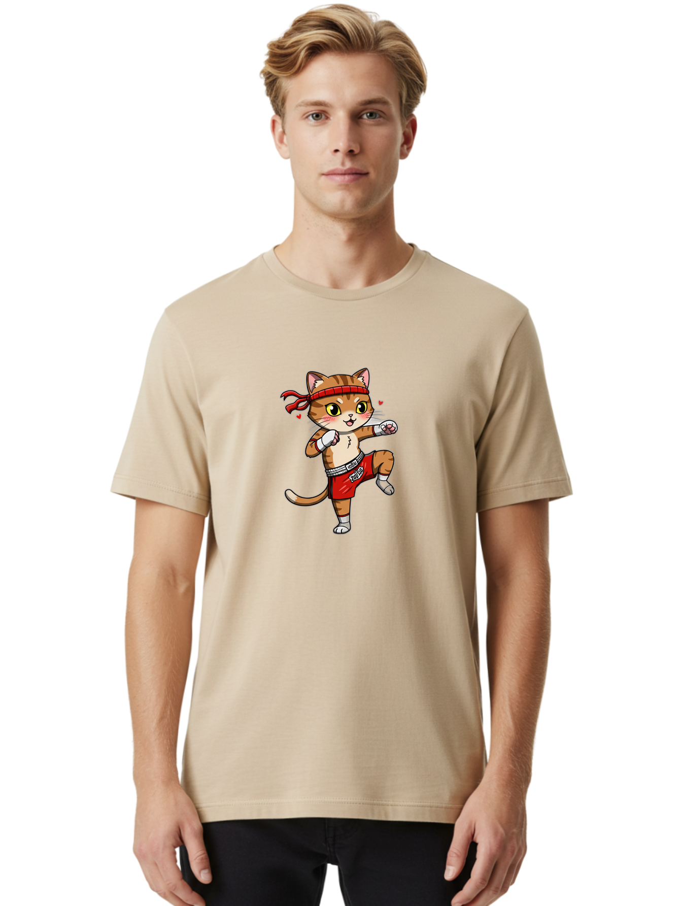 Muay-Cat Men'S Graphic Tee, 100% Cotton, Comfortable Casual Summer Wear, Machine Washable, Cartoon Cat, Muay Thai Fighter, Milo Branding, Red Shorts, White Gloves, Martial Arts, Fighting Stance, Cute Expression, Heart Eyes, Fitness, Strength Bae546