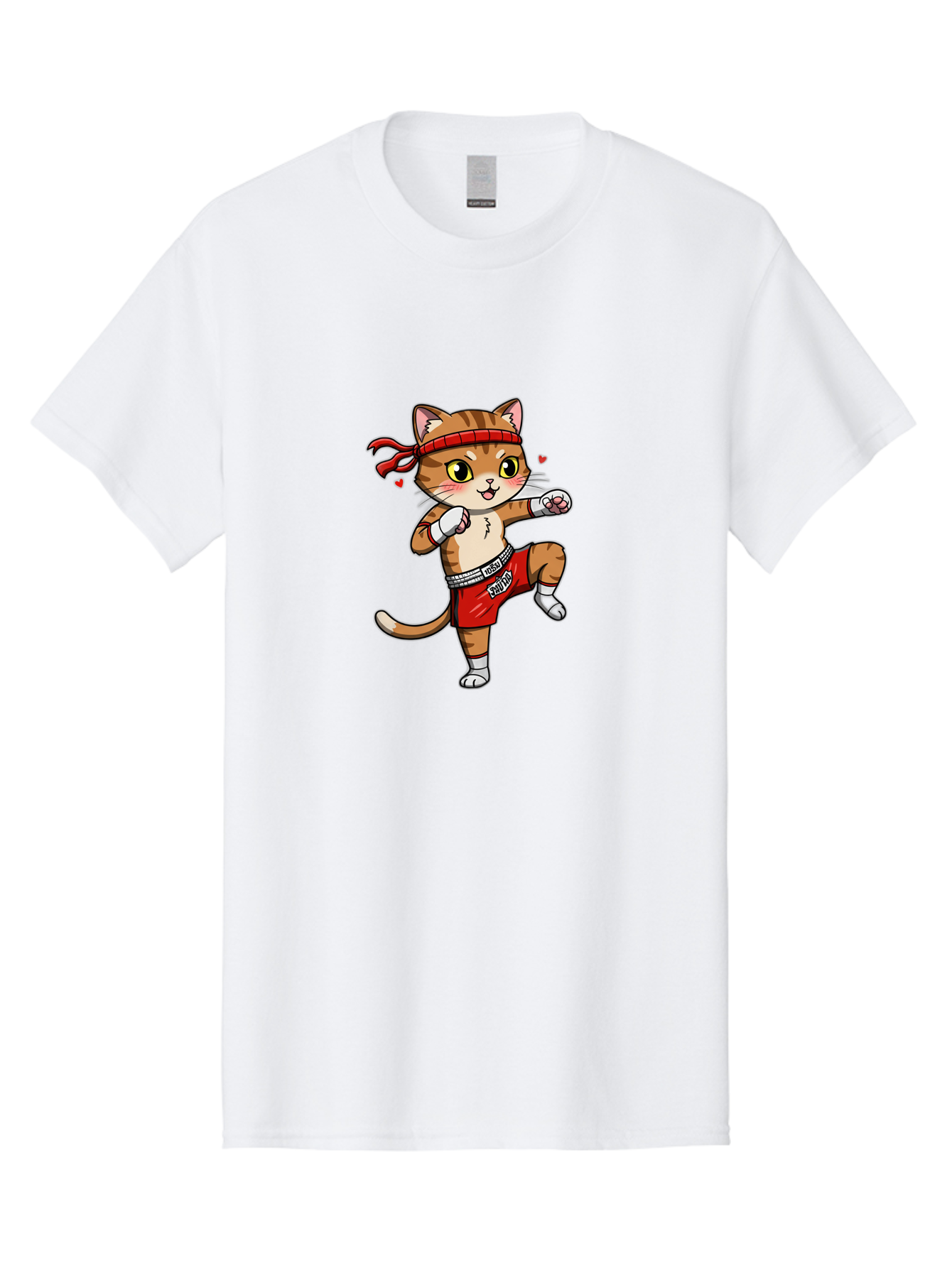 Muay-Cat Men'S Graphic Tee, 100% Cotton, Comfortable Casual Summer Wear, Machine Washable, Cartoon Cat, Muay Thai Fighter, Milo Branding, Red Shorts, White Gloves, Martial Arts, Fighting Stance, Cute Expression, Heart Eyes, Fitness, Strength Bae546