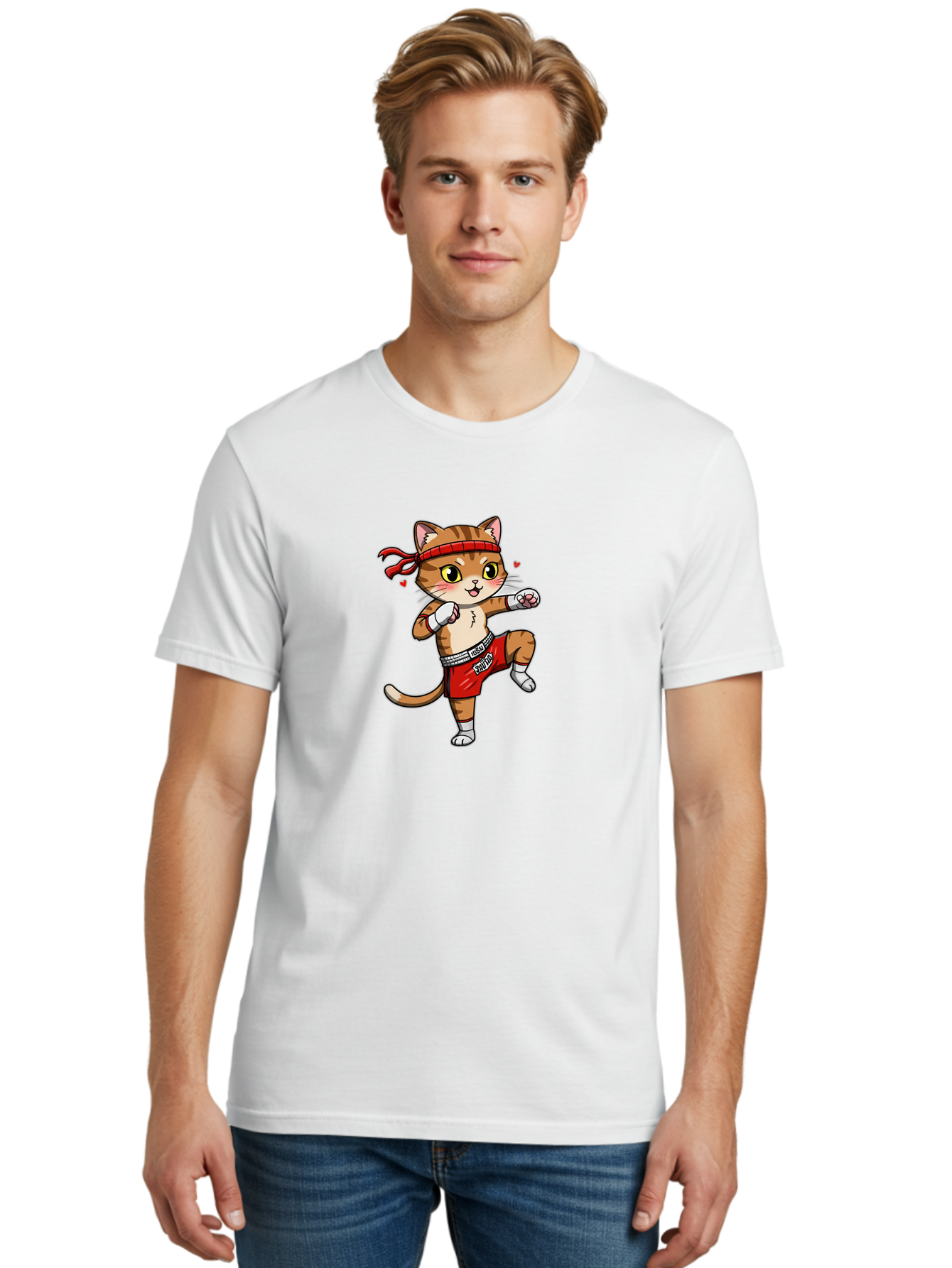 Muay-Cat Men'S Graphic Tee, 100% Cotton, Comfortable Casual Summer Wear, Machine Washable, Cartoon Cat, Muay Thai Fighter, Milo Branding, Red Shorts, White Gloves, Martial Arts, Fighting Stance, Cute Expression, Heart Eyes, Fitness, Strength Bae546