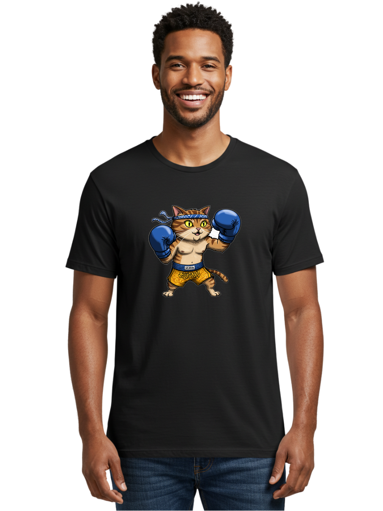 Muay-Muay-Cat Men'S Graphic Tee, 100% Cotton, Comfortable Casual Summer Wear, Machine Washable, Cartoon Cat In Boxing Gloves, Muay Thai Fighter, Muay Mun, Feline Boxer, Cat With Boxing Shorts, Funny Cat Character, Muay Thai Cat, Comic Cat, Bae547