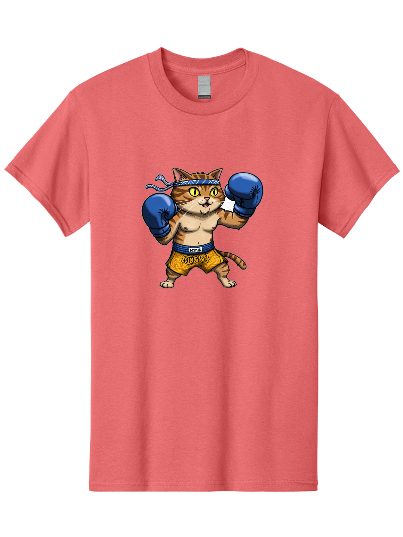 Muay-Muay-Cat Men'S Graphic Tee, 100% Cotton, Comfortable Casual Summer Wear, Machine Washable, Cartoon Cat In Boxing Gloves, Muay Thai Fighter, Muay Mun, Feline Boxer, Cat With Boxing Shorts, Funny Cat Character, Muay Thai Cat, Comic Cat, Bae547