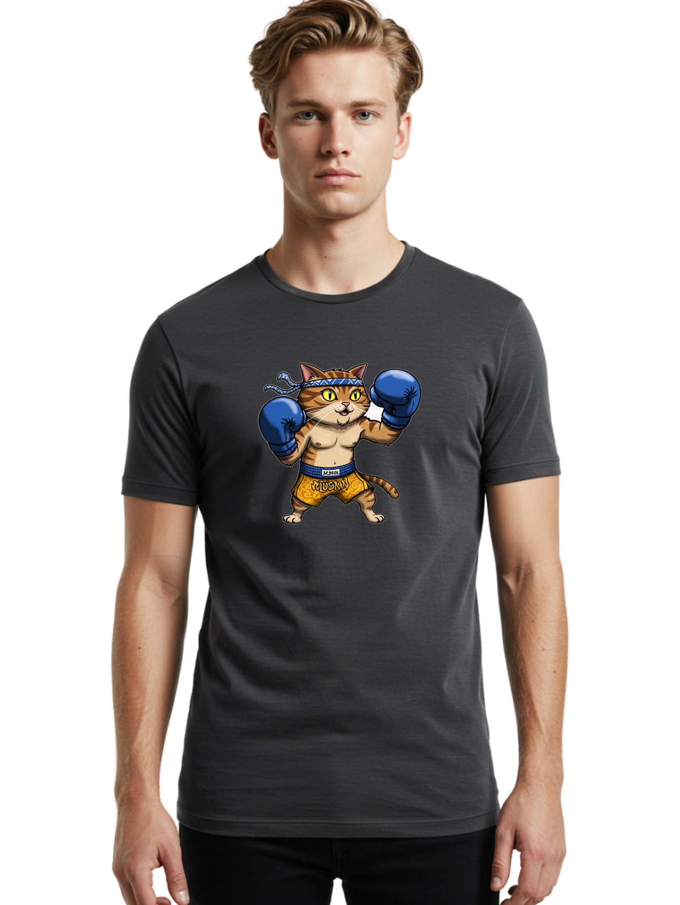 Muay-Muay-Cat Men'S Graphic Tee, 100% Cotton, Comfortable Casual Summer Wear, Machine Washable, Cartoon Cat In Boxing Gloves, Muay Thai Fighter, Muay Mun, Feline Boxer, Cat With Boxing Shorts, Funny Cat Character, Muay Thai Cat, Comic Cat, Bae547