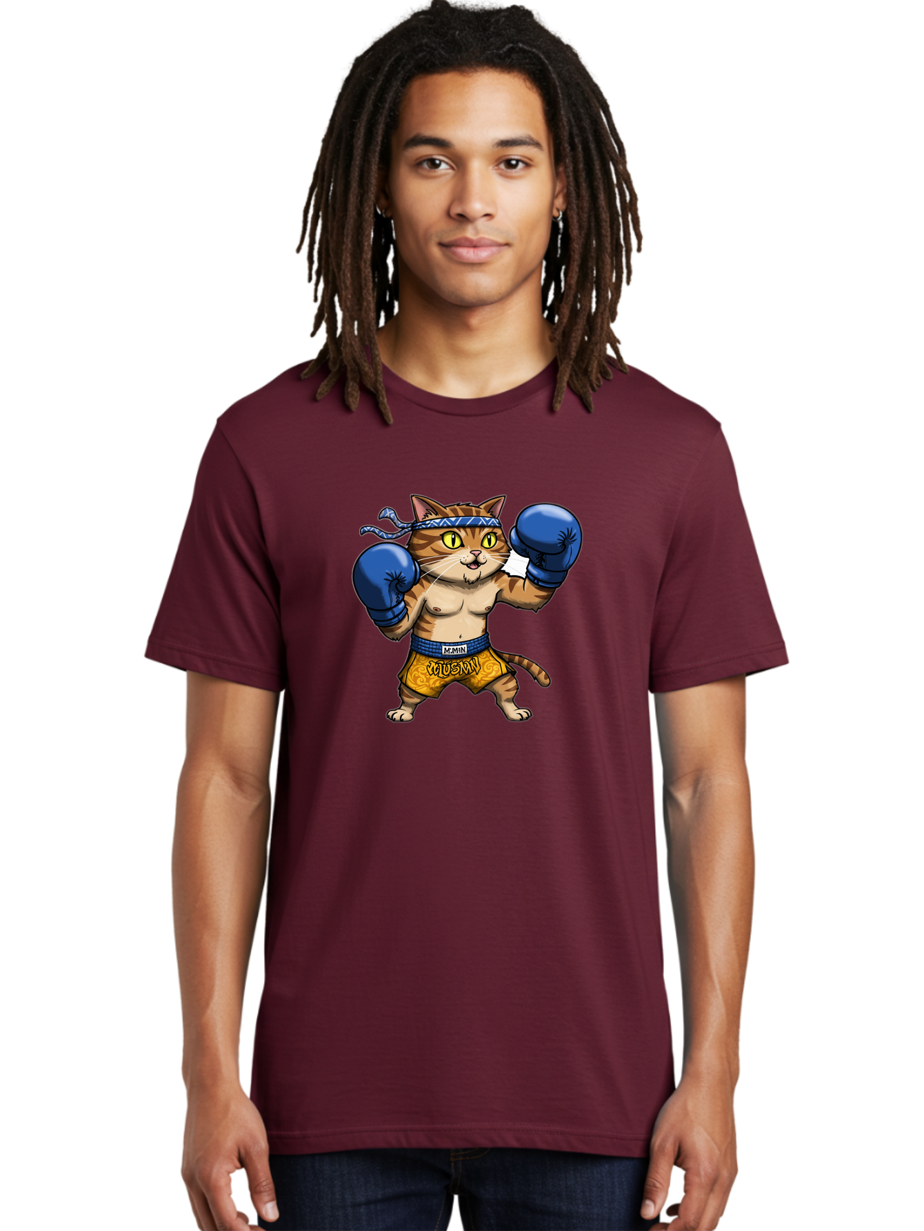 Muay-Muay-Cat Men'S Graphic Tee, 100% Cotton, Comfortable Casual Summer Wear, Machine Washable, Cartoon Cat In Boxing Gloves, Muay Thai Fighter, Muay Mun, Feline Boxer, Cat With Boxing Shorts, Funny Cat Character, Muay Thai Cat, Comic Cat, Bae547