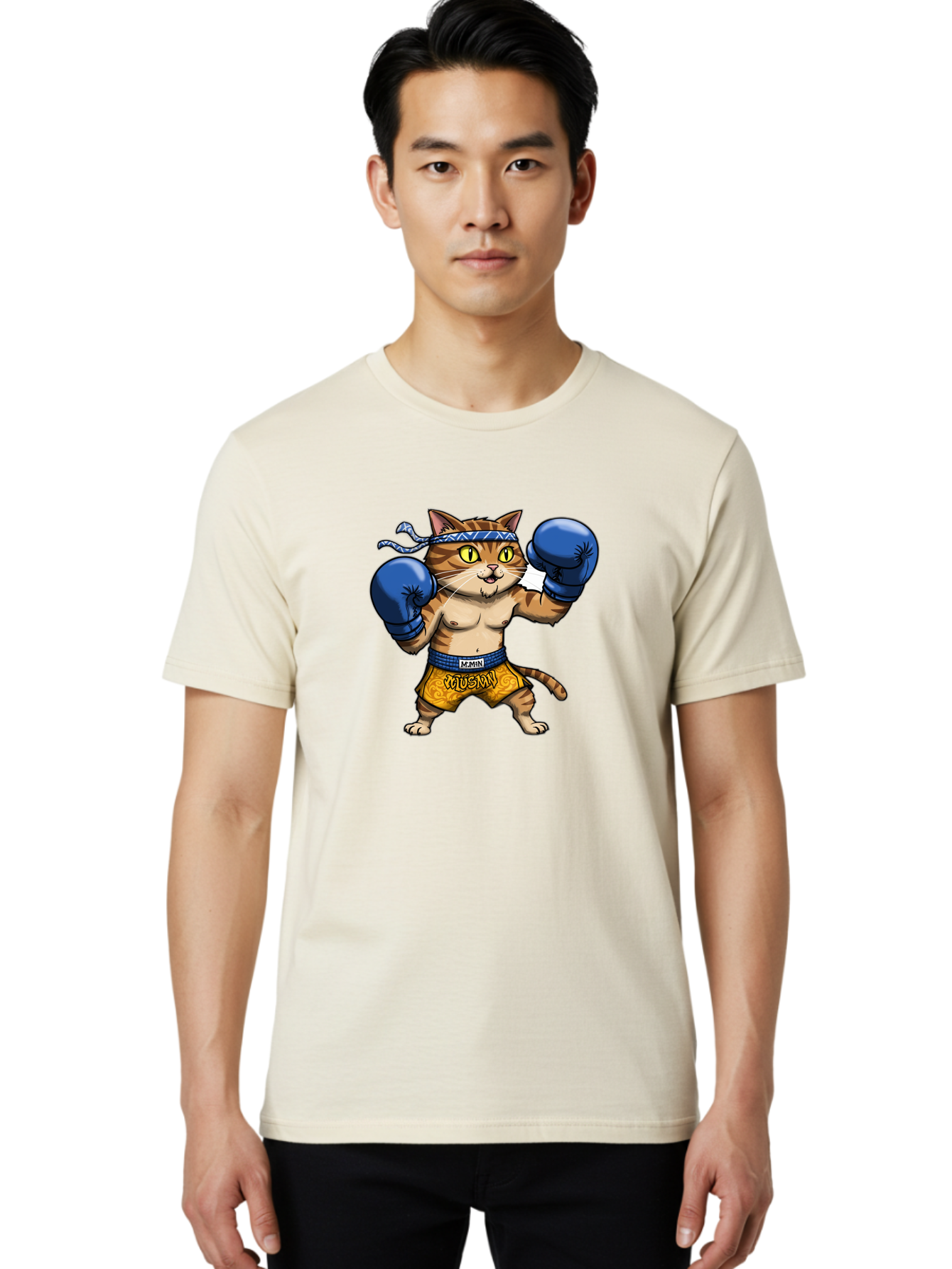 Muay-Muay-Cat Men'S Graphic Tee, 100% Cotton, Comfortable Casual Summer Wear, Machine Washable, Cartoon Cat In Boxing Gloves, Muay Thai Fighter, Muay Mun, Feline Boxer, Cat With Boxing Shorts, Funny Cat Character, Muay Thai Cat, Comic Cat, Bae547