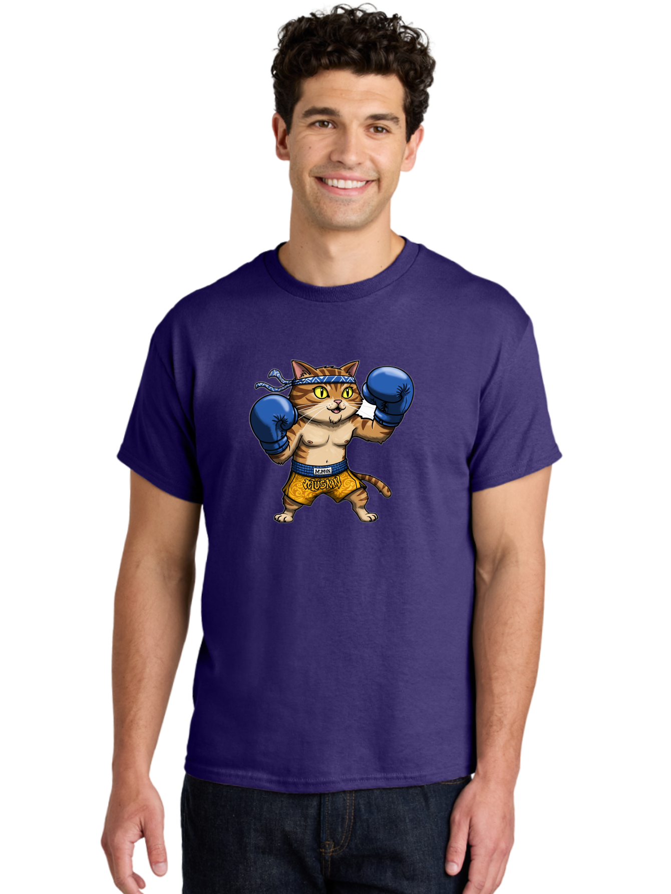 Muay-Muay-Cat Men'S Graphic Tee, 100% Cotton, Comfortable Casual Summer Wear, Machine Washable, Cartoon Cat In Boxing Gloves, Muay Thai Fighter, Muay Mun, Feline Boxer, Cat With Boxing Shorts, Funny Cat Character, Muay Thai Cat, Comic Cat, Bae547