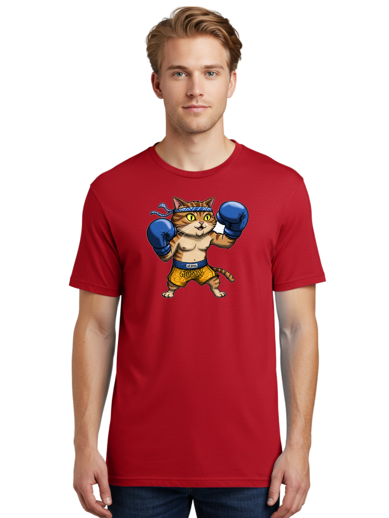 Muay-Muay-Cat Men'S Graphic Tee, 100% Cotton, Comfortable Casual Summer Wear, Machine Washable, Cartoon Cat In Boxing Gloves, Muay Thai Fighter, Muay Mun, Feline Boxer, Cat With Boxing Shorts, Funny Cat Character, Muay Thai Cat, Comic Cat, Bae547