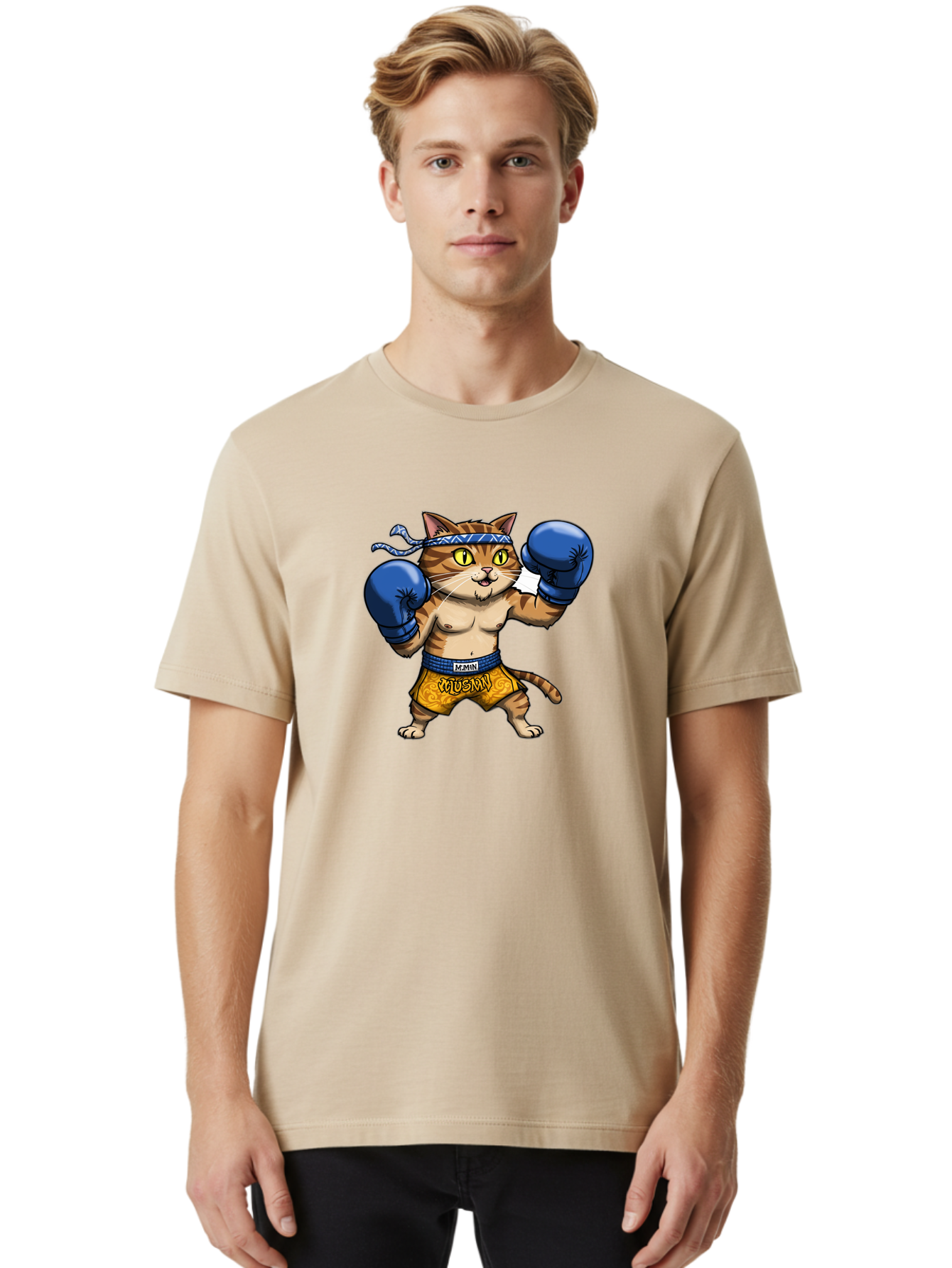 Muay-Muay-Cat Men'S Graphic Tee, 100% Cotton, Comfortable Casual Summer Wear, Machine Washable, Cartoon Cat In Boxing Gloves, Muay Thai Fighter, Muay Mun, Feline Boxer, Cat With Boxing Shorts, Funny Cat Character, Muay Thai Cat, Comic Cat, Bae547