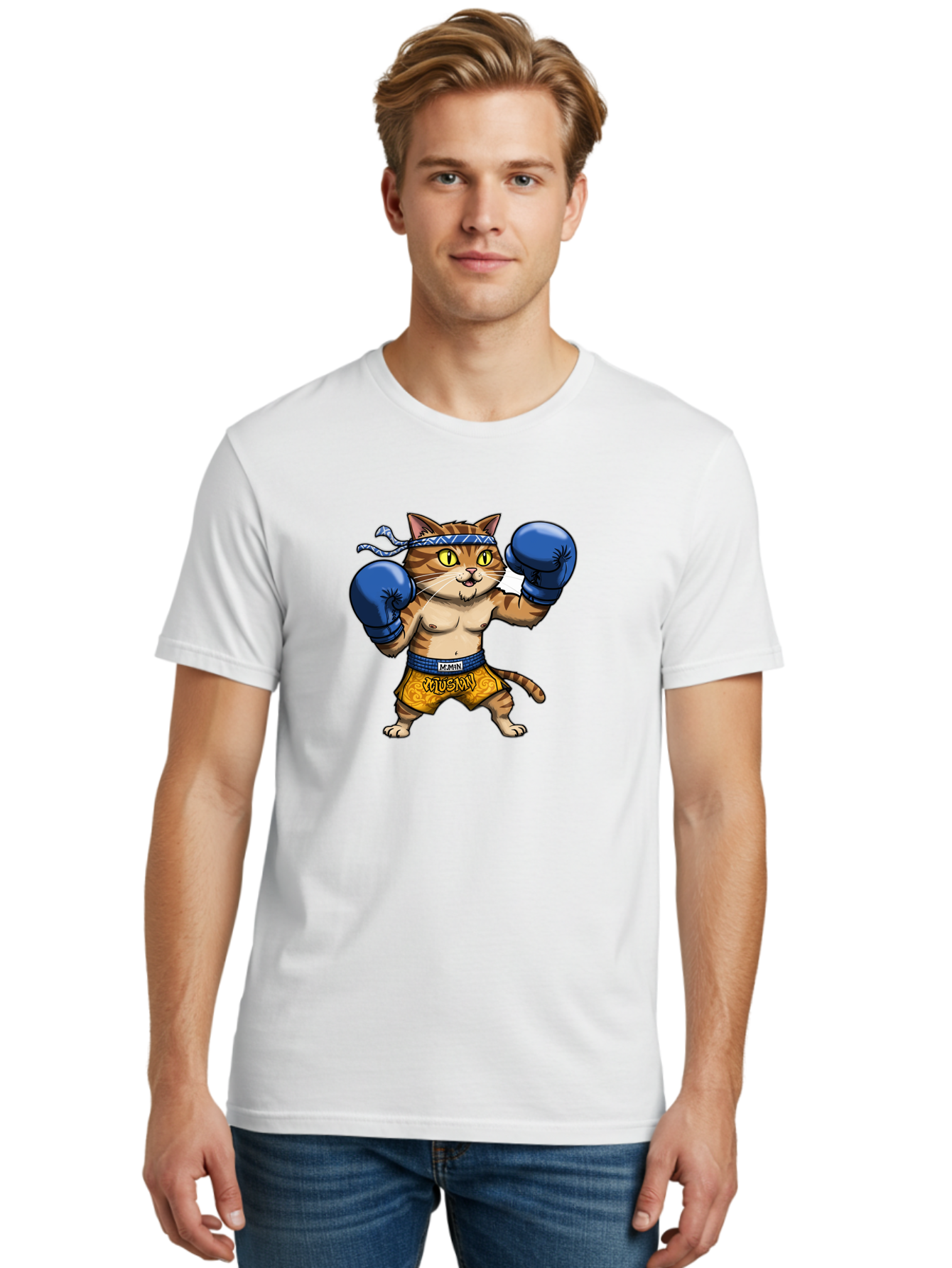 Muay-Muay-Cat Men'S Graphic Tee, 100% Cotton, Comfortable Casual Summer Wear, Machine Washable, Cartoon Cat In Boxing Gloves, Muay Thai Fighter, Muay Mun, Feline Boxer, Cat With Boxing Shorts, Funny Cat Character, Muay Thai Cat, Comic Cat, Bae547