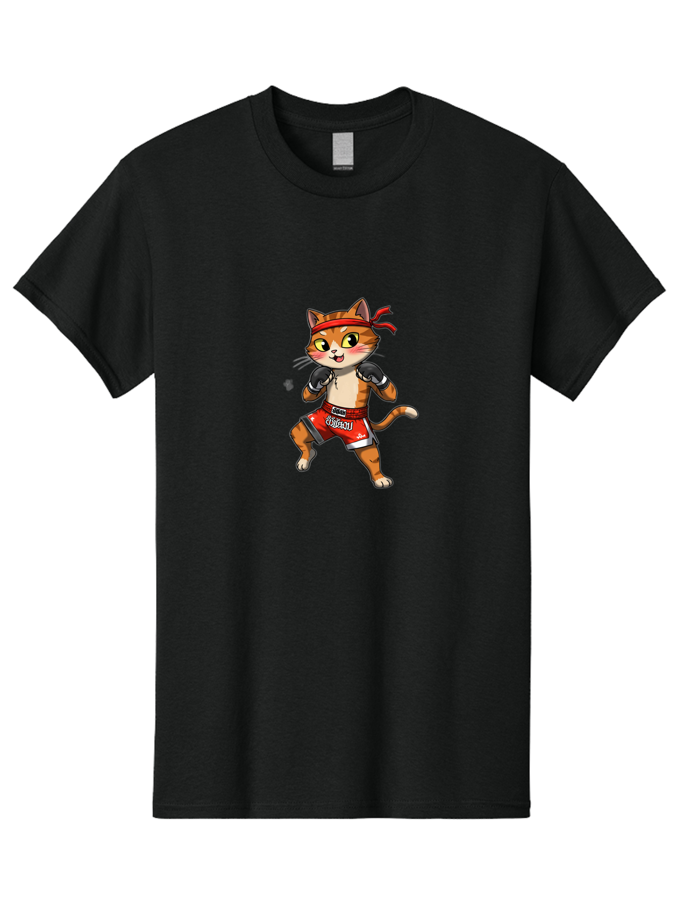 Muay-Thai-Cat-1 Men'S Graphic Tee, 100% Cotton, Comfortable Casual Summer Wear, Machine Washable, Cartoon Cat, Muay Thai Fighter, Boxing Gloves, Red Shorts, Muaythai, Martial Arts, Fighting Stance, Cute Cat, Funny Animal, Cartoon Character Bae548