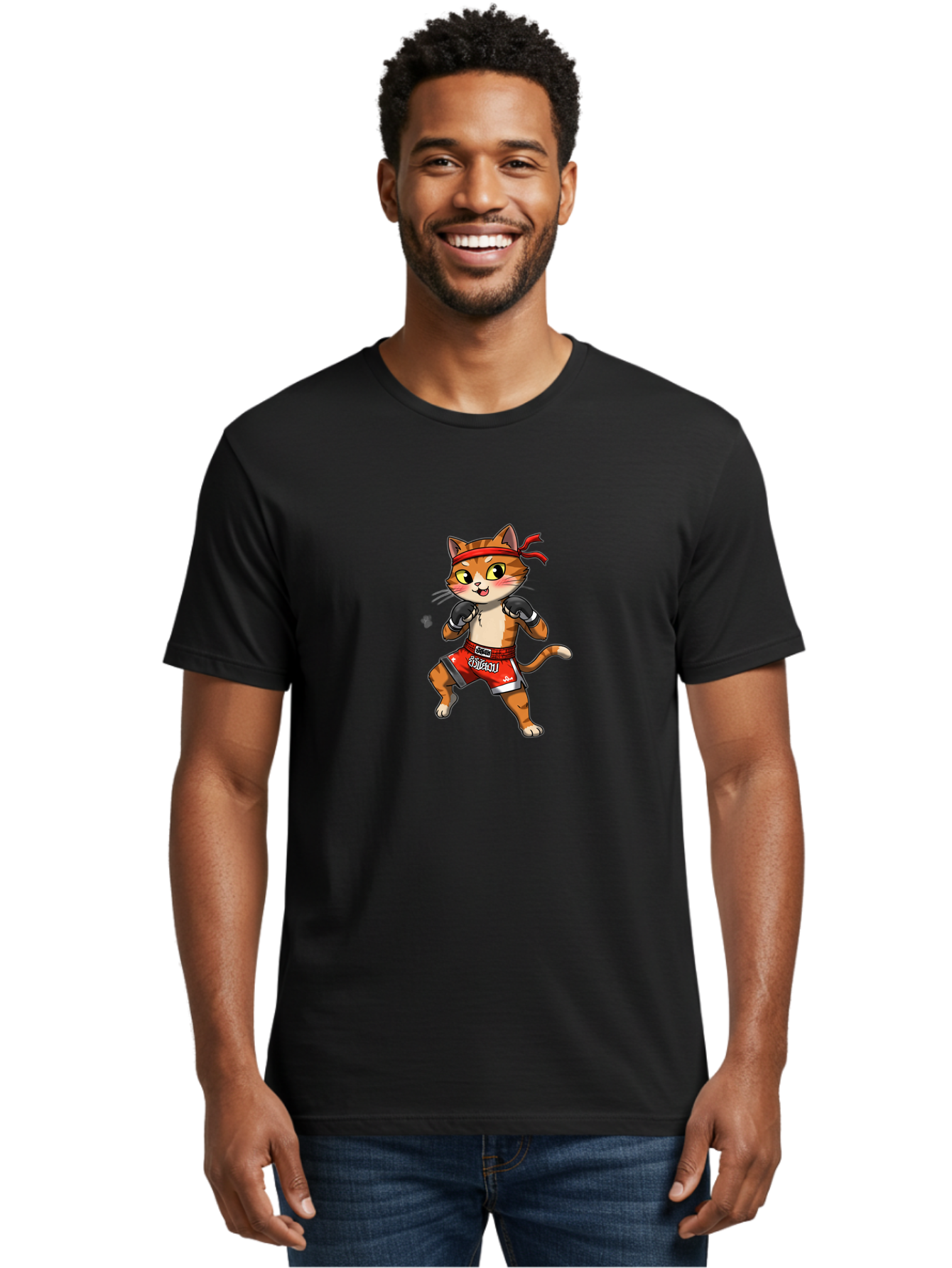 Muay-Thai-Cat-1 Men'S Graphic Tee, 100% Cotton, Comfortable Casual Summer Wear, Machine Washable, Cartoon Cat, Muay Thai Fighter, Boxing Gloves, Red Shorts, Muaythai, Martial Arts, Fighting Stance, Cute Cat, Funny Animal, Cartoon Character Bae548