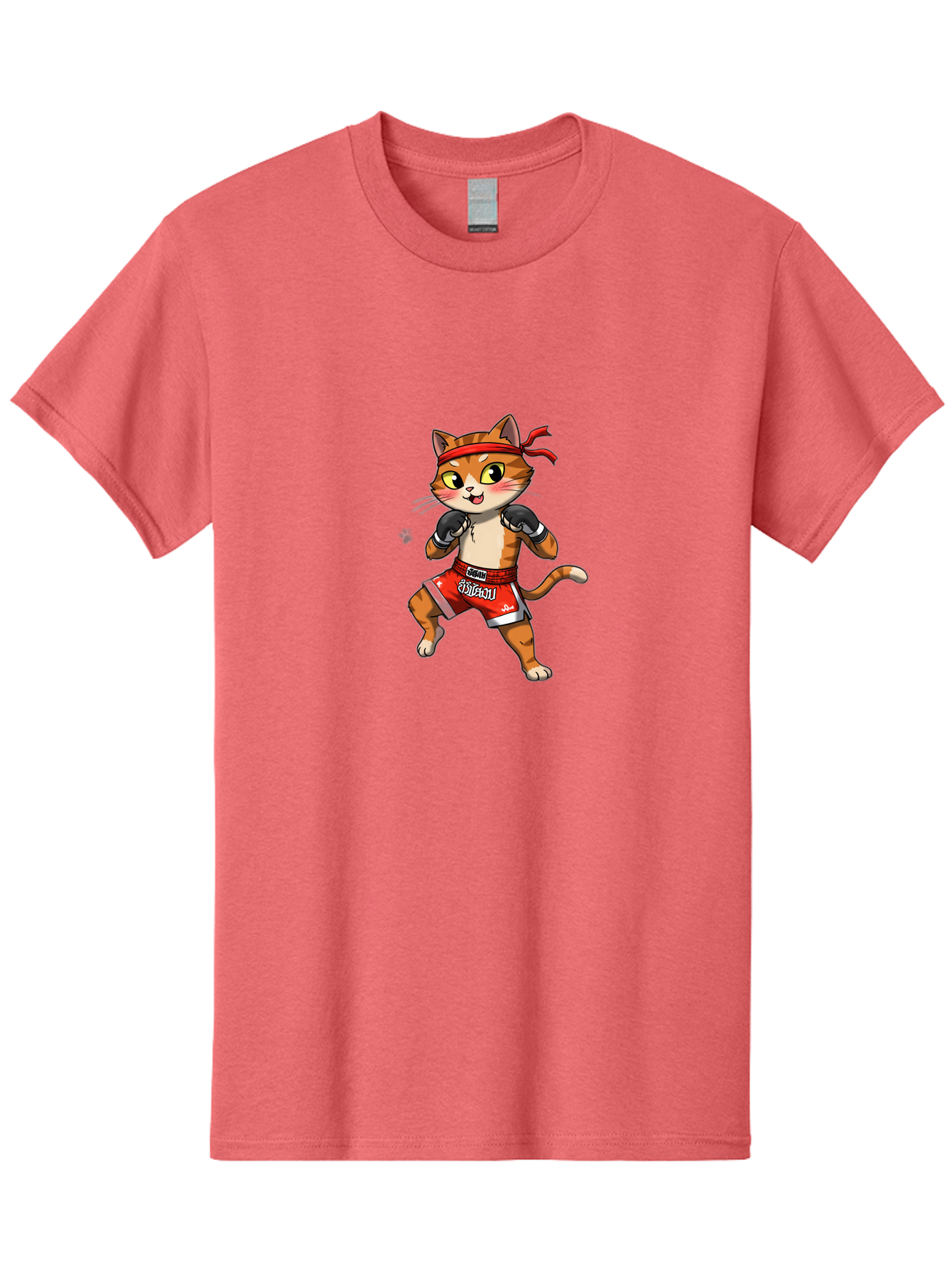 Muay-Thai-Cat-1 Men'S Graphic Tee, 100% Cotton, Comfortable Casual Summer Wear, Machine Washable, Cartoon Cat, Muay Thai Fighter, Boxing Gloves, Red Shorts, Muaythai, Martial Arts, Fighting Stance, Cute Cat, Funny Animal, Cartoon Character Bae548