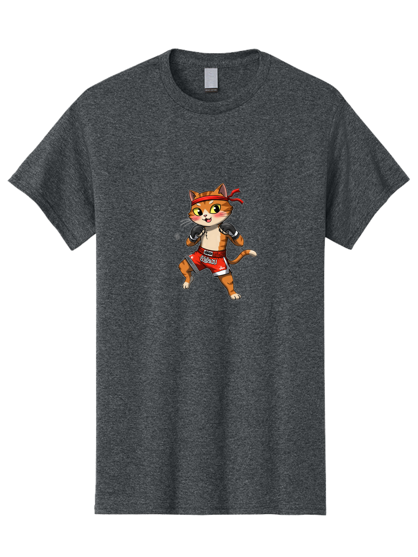 Muay-Thai-Cat-1 Men'S Graphic Tee, 100% Cotton, Comfortable Casual Summer Wear, Machine Washable, Cartoon Cat, Muay Thai Fighter, Boxing Gloves, Red Shorts, Muaythai, Martial Arts, Fighting Stance, Cute Cat, Funny Animal, Cartoon Character Bae548