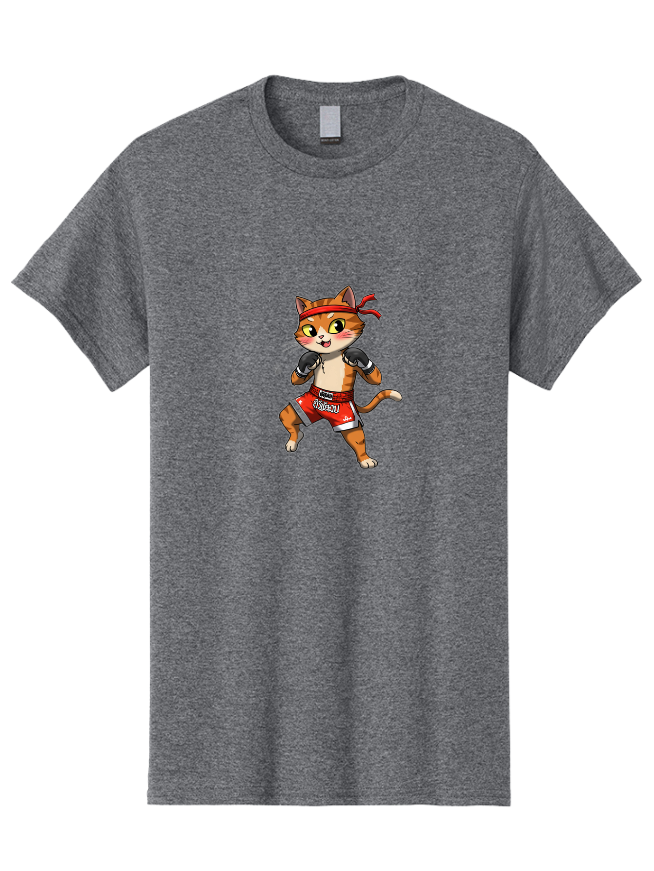Muay-Thai-Cat-1 Men'S Graphic Tee, 100% Cotton, Comfortable Casual Summer Wear, Machine Washable, Cartoon Cat, Muay Thai Fighter, Boxing Gloves, Red Shorts, Muaythai, Martial Arts, Fighting Stance, Cute Cat, Funny Animal, Cartoon Character Bae548