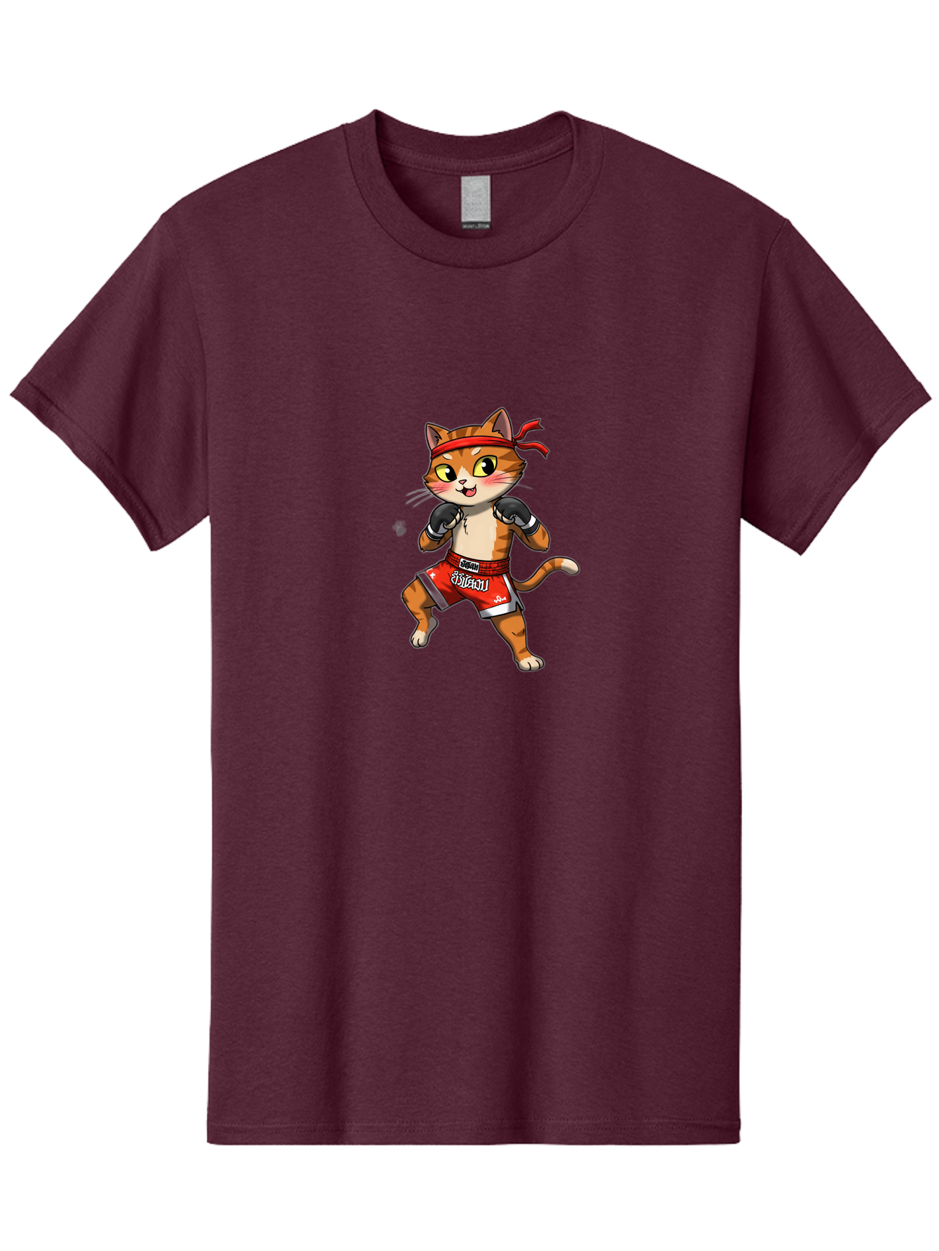Muay-Thai-Cat-1 Men'S Graphic Tee, 100% Cotton, Comfortable Casual Summer Wear, Machine Washable, Cartoon Cat, Muay Thai Fighter, Boxing Gloves, Red Shorts, Muaythai, Martial Arts, Fighting Stance, Cute Cat, Funny Animal, Cartoon Character Bae548