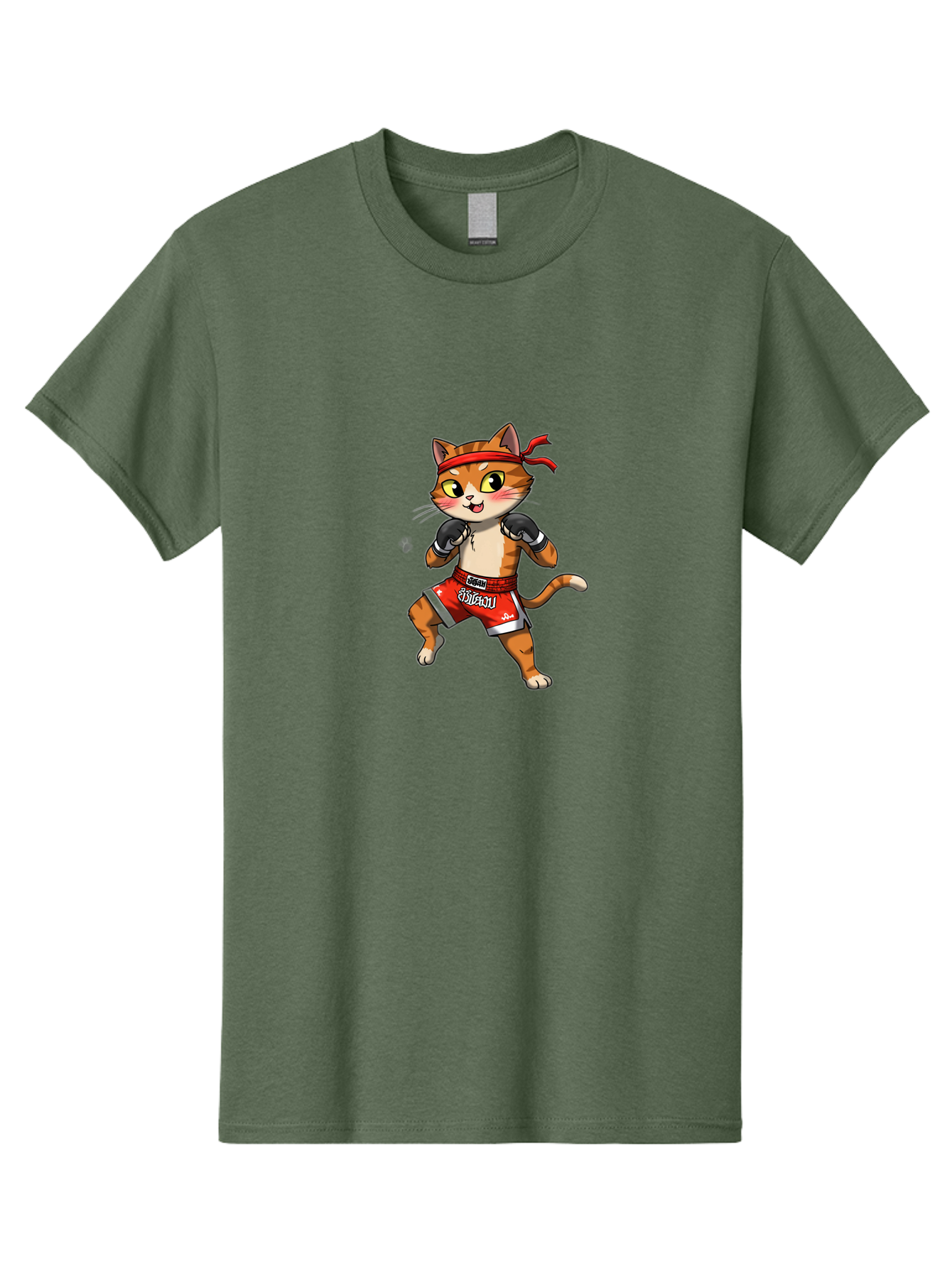 Muay-Thai-Cat-1 Men'S Graphic Tee, 100% Cotton, Comfortable Casual Summer Wear, Machine Washable, Cartoon Cat, Muay Thai Fighter, Boxing Gloves, Red Shorts, Muaythai, Martial Arts, Fighting Stance, Cute Cat, Funny Animal, Cartoon Character Bae548