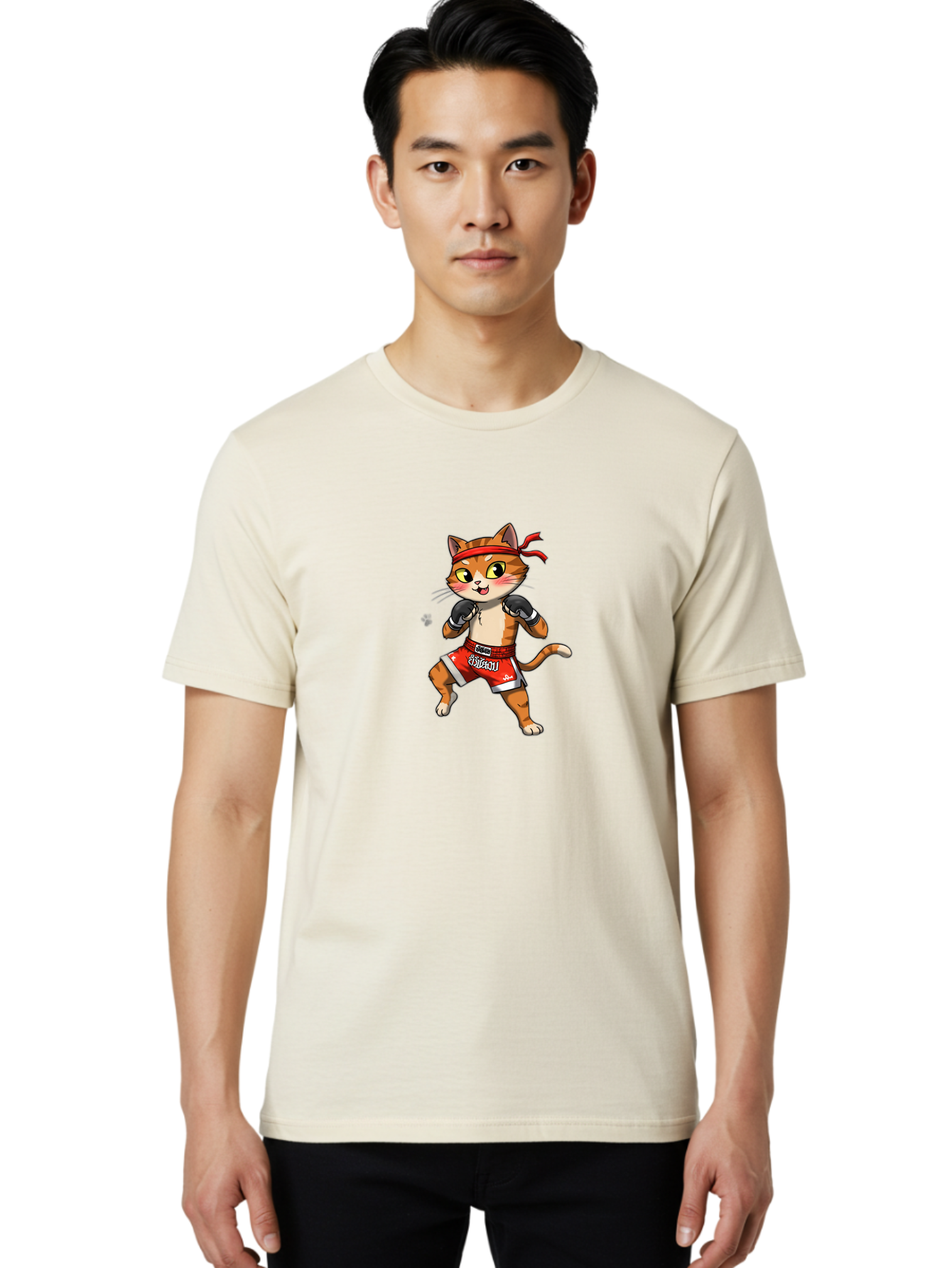 Muay-Thai-Cat-1 Men'S Graphic Tee, 100% Cotton, Comfortable Casual Summer Wear, Machine Washable, Cartoon Cat, Muay Thai Fighter, Boxing Gloves, Red Shorts, Muaythai, Martial Arts, Fighting Stance, Cute Cat, Funny Animal, Cartoon Character Bae548