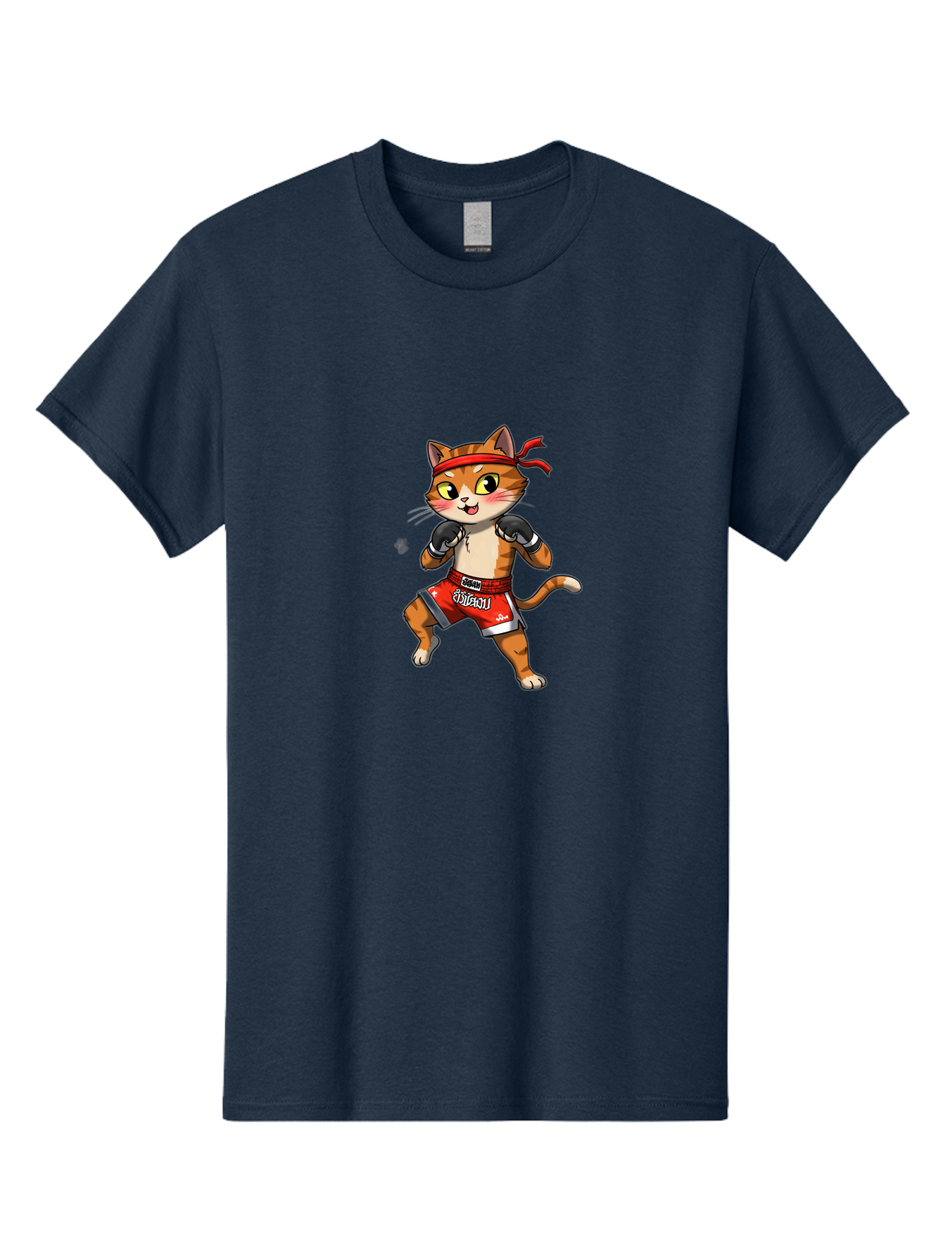 Muay-Thai-Cat-1 Men'S Graphic Tee, 100% Cotton, Comfortable Casual Summer Wear, Machine Washable, Cartoon Cat, Muay Thai Fighter, Boxing Gloves, Red Shorts, Muaythai, Martial Arts, Fighting Stance, Cute Cat, Funny Animal, Cartoon Character Bae548