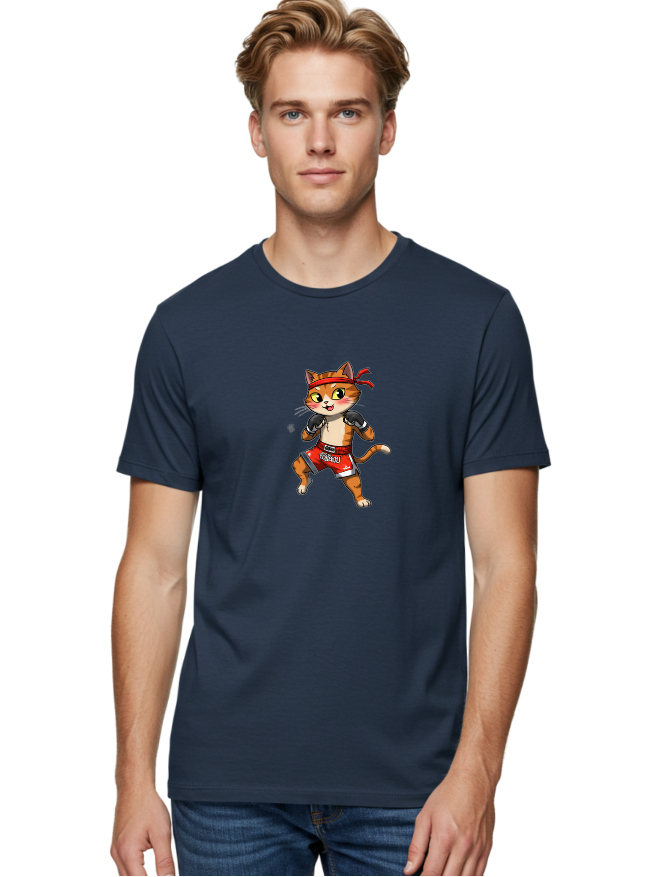 Muay-Thai-Cat-1 Men'S Graphic Tee, 100% Cotton, Comfortable Casual Summer Wear, Machine Washable, Cartoon Cat, Muay Thai Fighter, Boxing Gloves, Red Shorts, Muaythai, Martial Arts, Fighting Stance, Cute Cat, Funny Animal, Cartoon Character Bae548