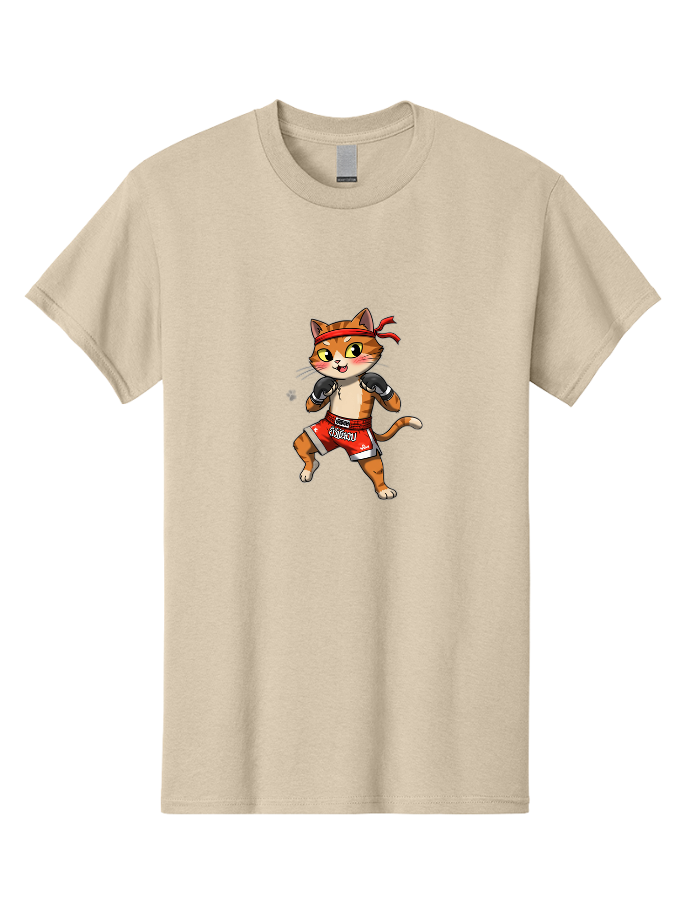 Muay-Thai-Cat-1 Men'S Graphic Tee, 100% Cotton, Comfortable Casual Summer Wear, Machine Washable, Cartoon Cat, Muay Thai Fighter, Boxing Gloves, Red Shorts, Muaythai, Martial Arts, Fighting Stance, Cute Cat, Funny Animal, Cartoon Character Bae548