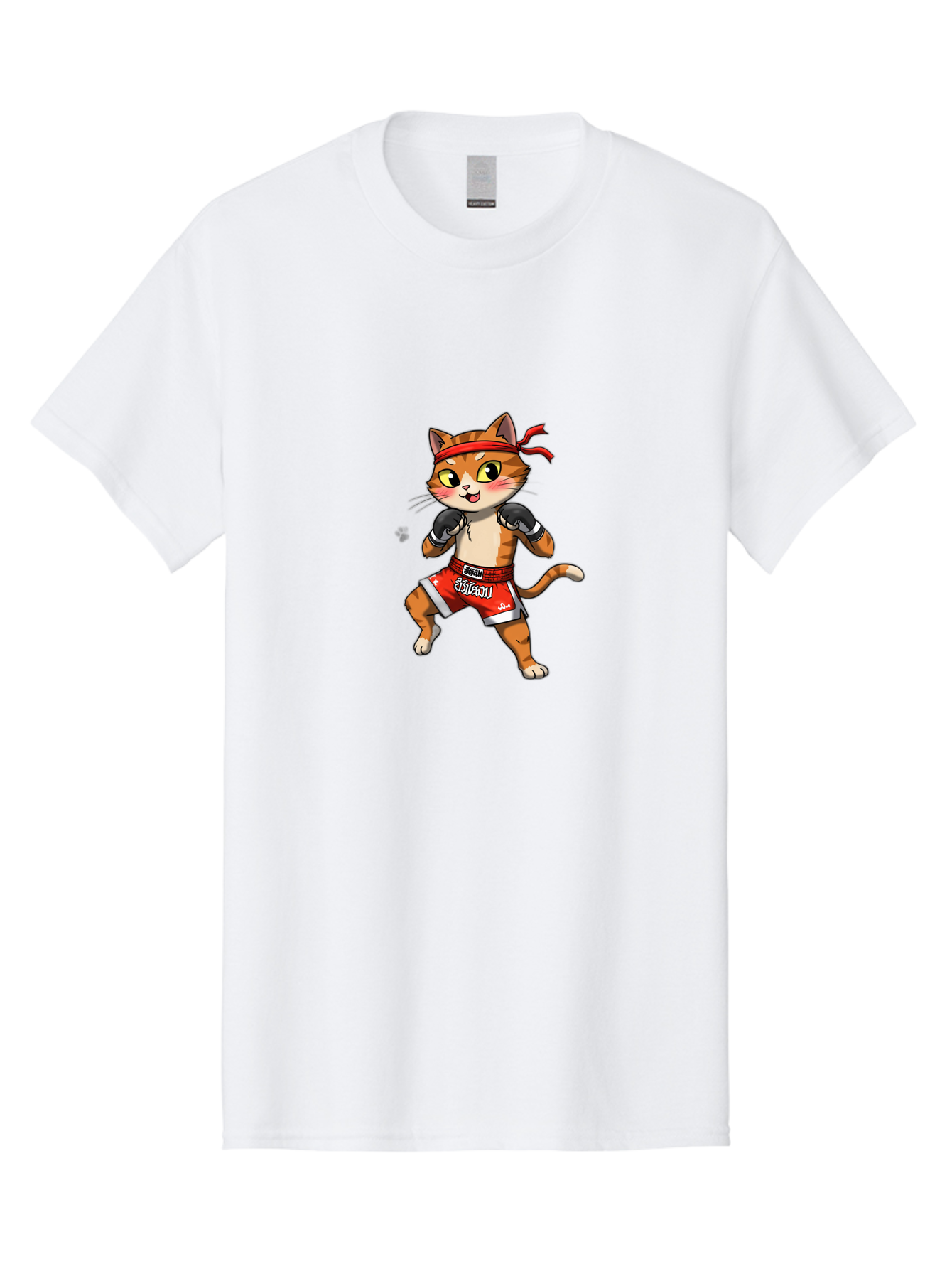 Muay-Thai-Cat-1 Men'S Graphic Tee, 100% Cotton, Comfortable Casual Summer Wear, Machine Washable, Cartoon Cat, Muay Thai Fighter, Boxing Gloves, Red Shorts, Muaythai, Martial Arts, Fighting Stance, Cute Cat, Funny Animal, Cartoon Character Bae548