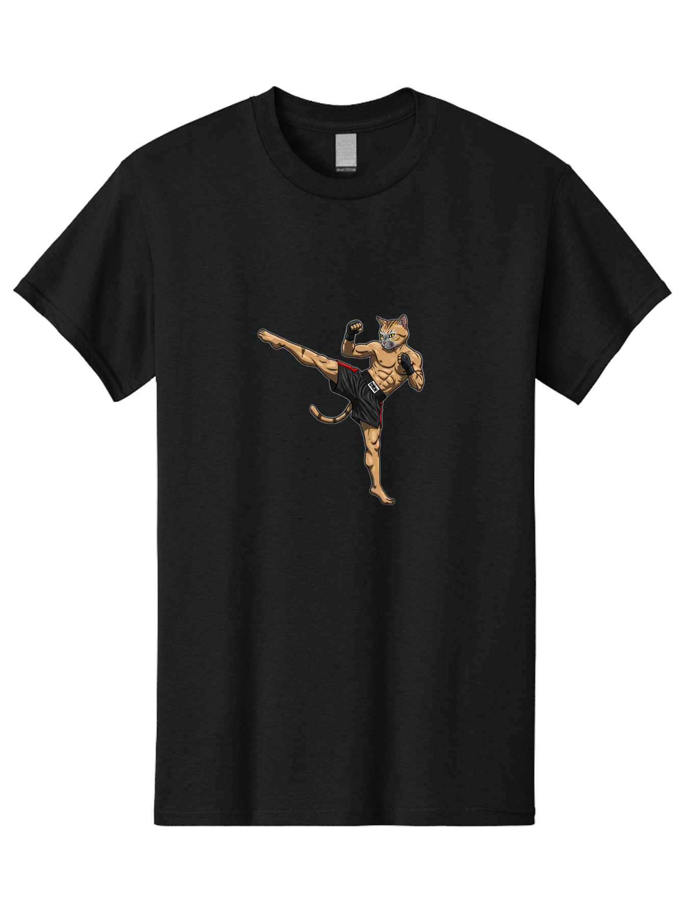 Muay-Thai-Cat-10 Men'S Graphic Tee, 100% Cotton, Comfortable Casual Summer Wear, Machine Washable, Cartoon Cat, Muay Thai Fighter, Martial Arts, Kickboxing, Fighting Stance, Muscular Physique, Boxing Gloves, Red Trim Shorts, Cartoon Character, Bae549