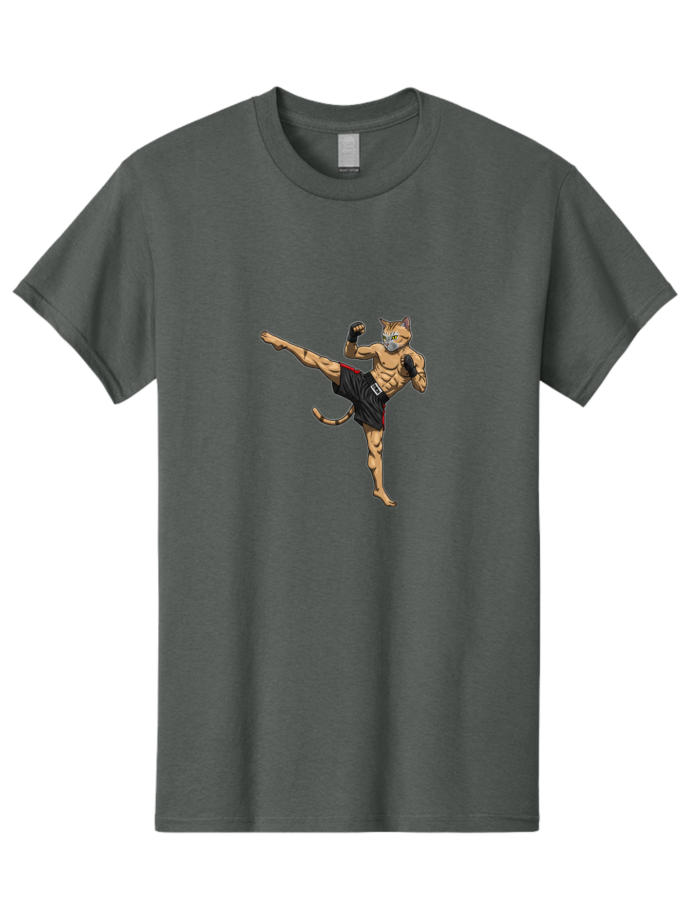 Muay-Thai-Cat-10 Men'S Graphic Tee, 100% Cotton, Comfortable Casual Summer Wear, Machine Washable, Cartoon Cat, Muay Thai Fighter, Martial Arts, Kickboxing, Fighting Stance, Muscular Physique, Boxing Gloves, Red Trim Shorts, Cartoon Character, Bae549