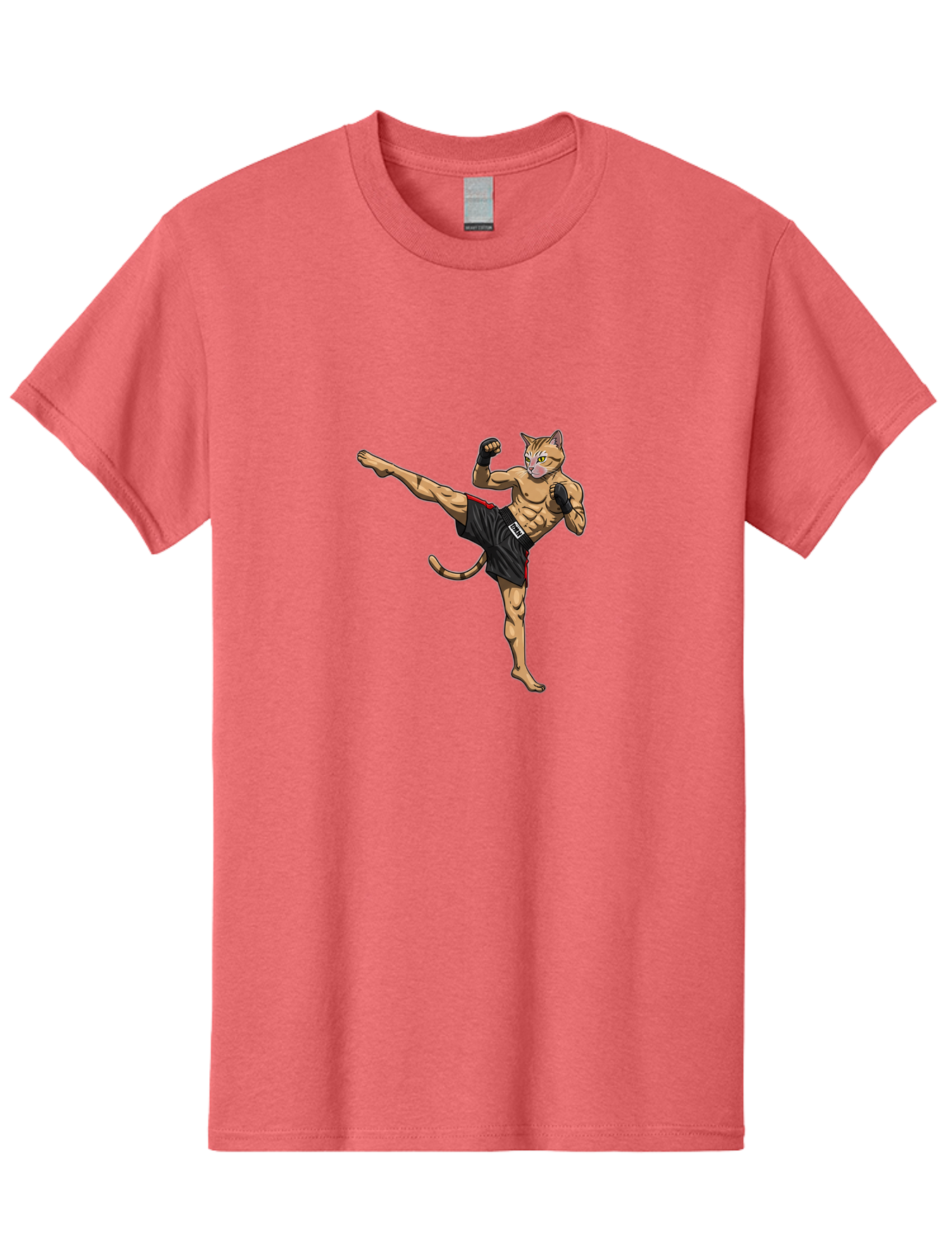 Muay-Thai-Cat-10 Men'S Graphic Tee, 100% Cotton, Comfortable Casual Summer Wear, Machine Washable, Cartoon Cat, Muay Thai Fighter, Martial Arts, Kickboxing, Fighting Stance, Muscular Physique, Boxing Gloves, Red Trim Shorts, Cartoon Character, Bae549