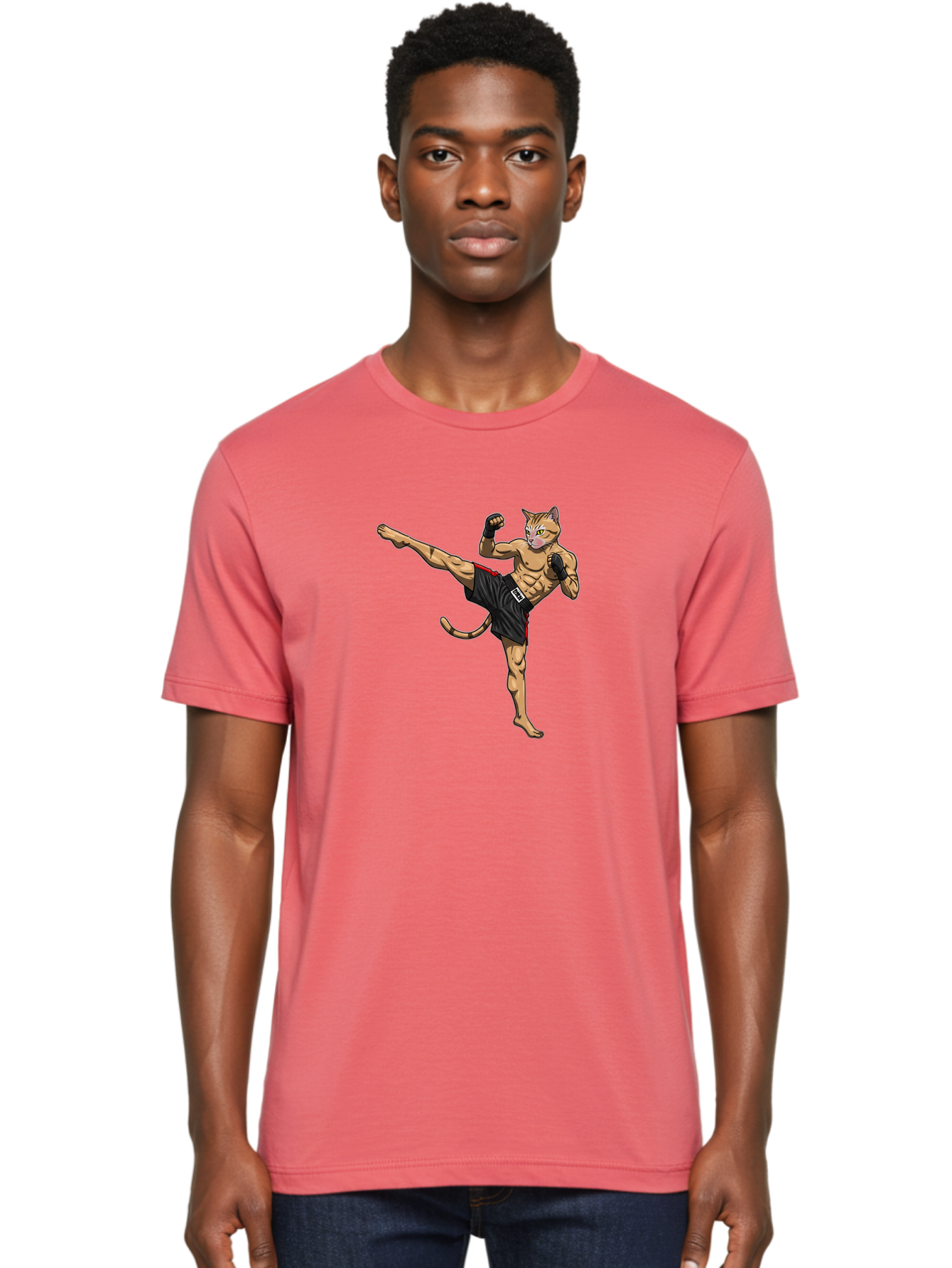 Muay-Thai-Cat-10 Men'S Graphic Tee, 100% Cotton, Comfortable Casual Summer Wear, Machine Washable, Cartoon Cat, Muay Thai Fighter, Martial Arts, Kickboxing, Fighting Stance, Muscular Physique, Boxing Gloves, Red Trim Shorts, Cartoon Character, Bae549