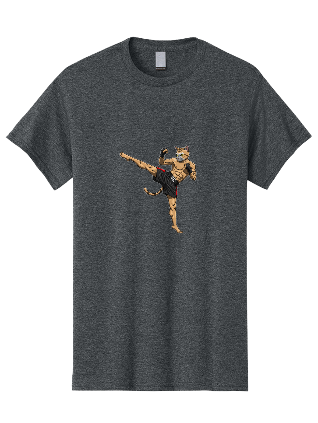 Muay-Thai-Cat-10 Men'S Graphic Tee, 100% Cotton, Comfortable Casual Summer Wear, Machine Washable, Cartoon Cat, Muay Thai Fighter, Martial Arts, Kickboxing, Fighting Stance, Muscular Physique, Boxing Gloves, Red Trim Shorts, Cartoon Character, Bae549