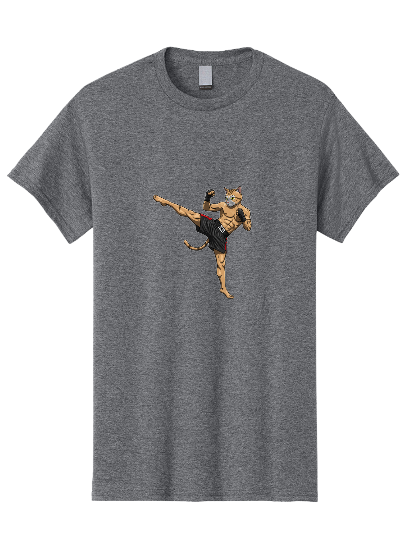 Muay-Thai-Cat-10 Men'S Graphic Tee, 100% Cotton, Comfortable Casual Summer Wear, Machine Washable, Cartoon Cat, Muay Thai Fighter, Martial Arts, Kickboxing, Fighting Stance, Muscular Physique, Boxing Gloves, Red Trim Shorts, Cartoon Character, Bae549