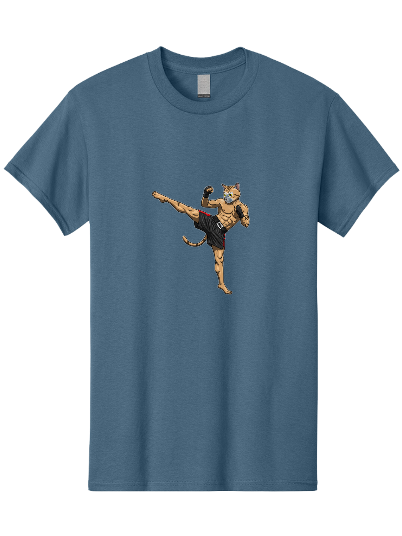 Muay-Thai-Cat-10 Men'S Graphic Tee, 100% Cotton, Comfortable Casual Summer Wear, Machine Washable, Cartoon Cat, Muay Thai Fighter, Martial Arts, Kickboxing, Fighting Stance, Muscular Physique, Boxing Gloves, Red Trim Shorts, Cartoon Character, Bae549